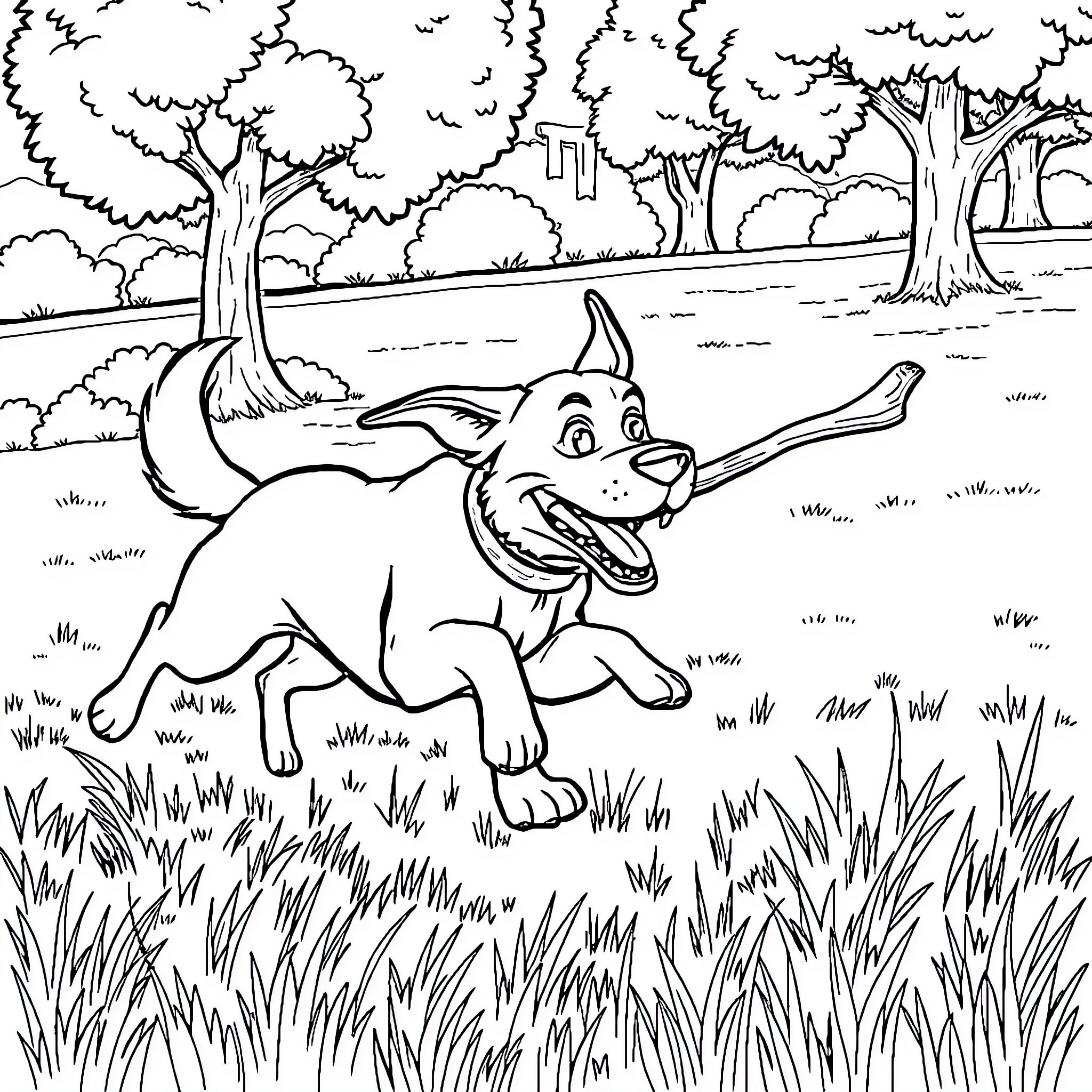 Dog happily running in the forest Coloring Page (free black-and-white line drawing printable PDF for all, from beginners to advanced learners, including children, teens, adults, and seniors)