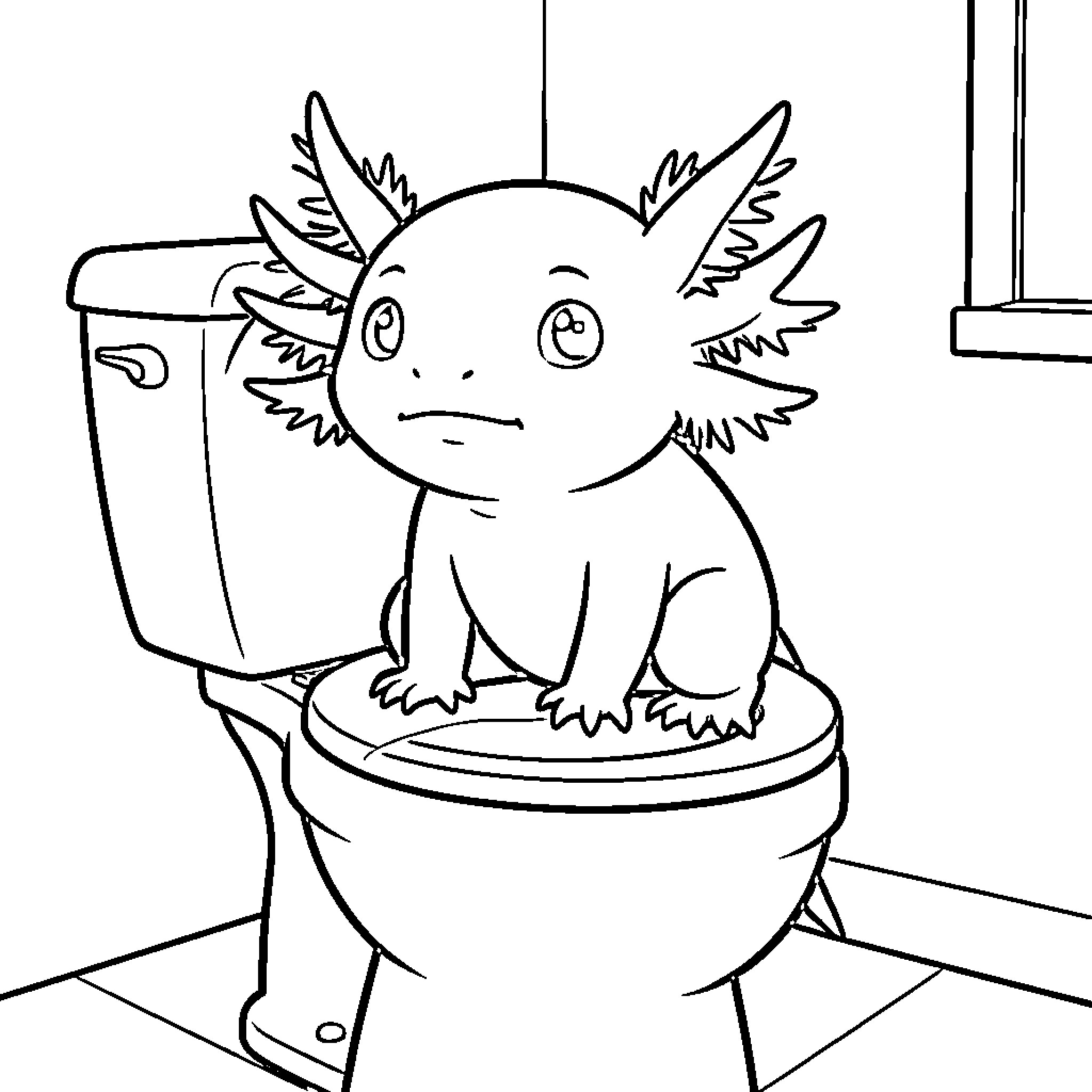 Axolotl sitting curiously on top of a toilet Coloring Page (free black-and-white line drawing printable PDF for all, from beginners to advanced learners, including children, teens, adults, and seniors)