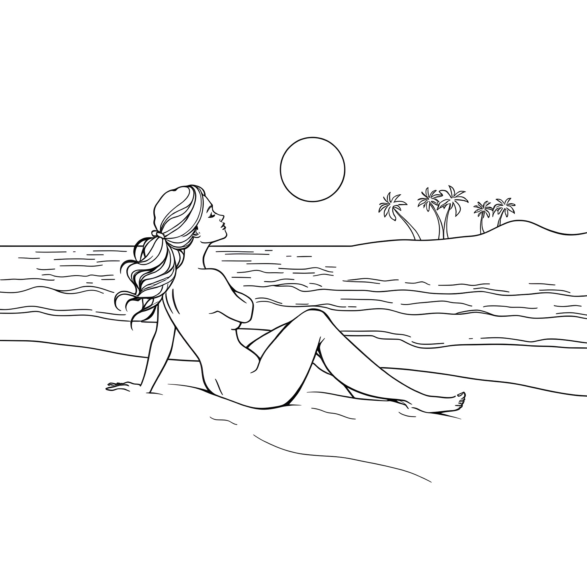 Woman relaxing on the beach under the sun Coloring Page (free black-and-white line drawing printable PDF for all, from beginners to advanced learners, including children, teens, adults, and seniors)
