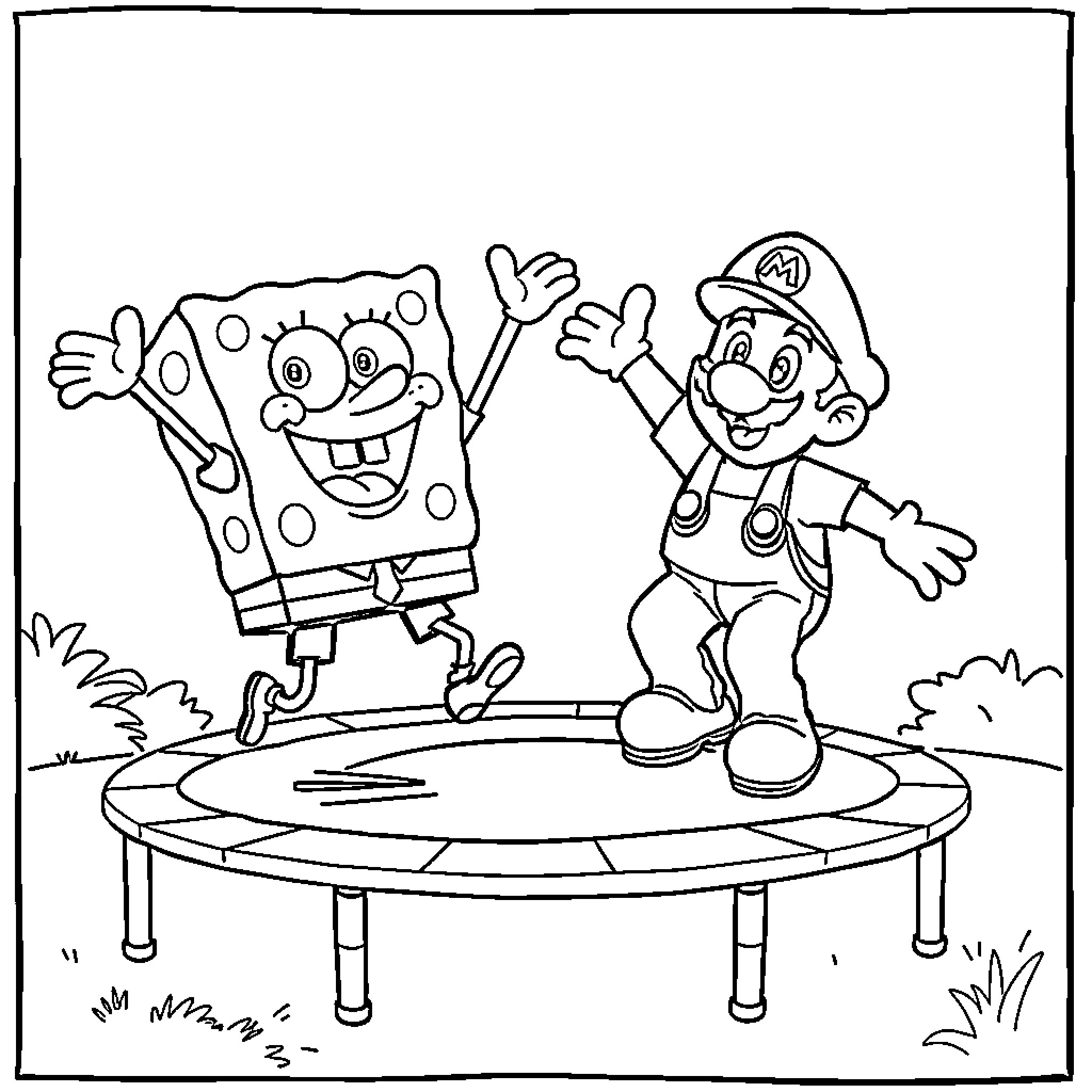 Spongebob and Mario jump on a trampoline Coloring Page (free black-and-white line drawing printable PDF for all, from beginners to advanced learners, including children, teens, adults, and seniors)