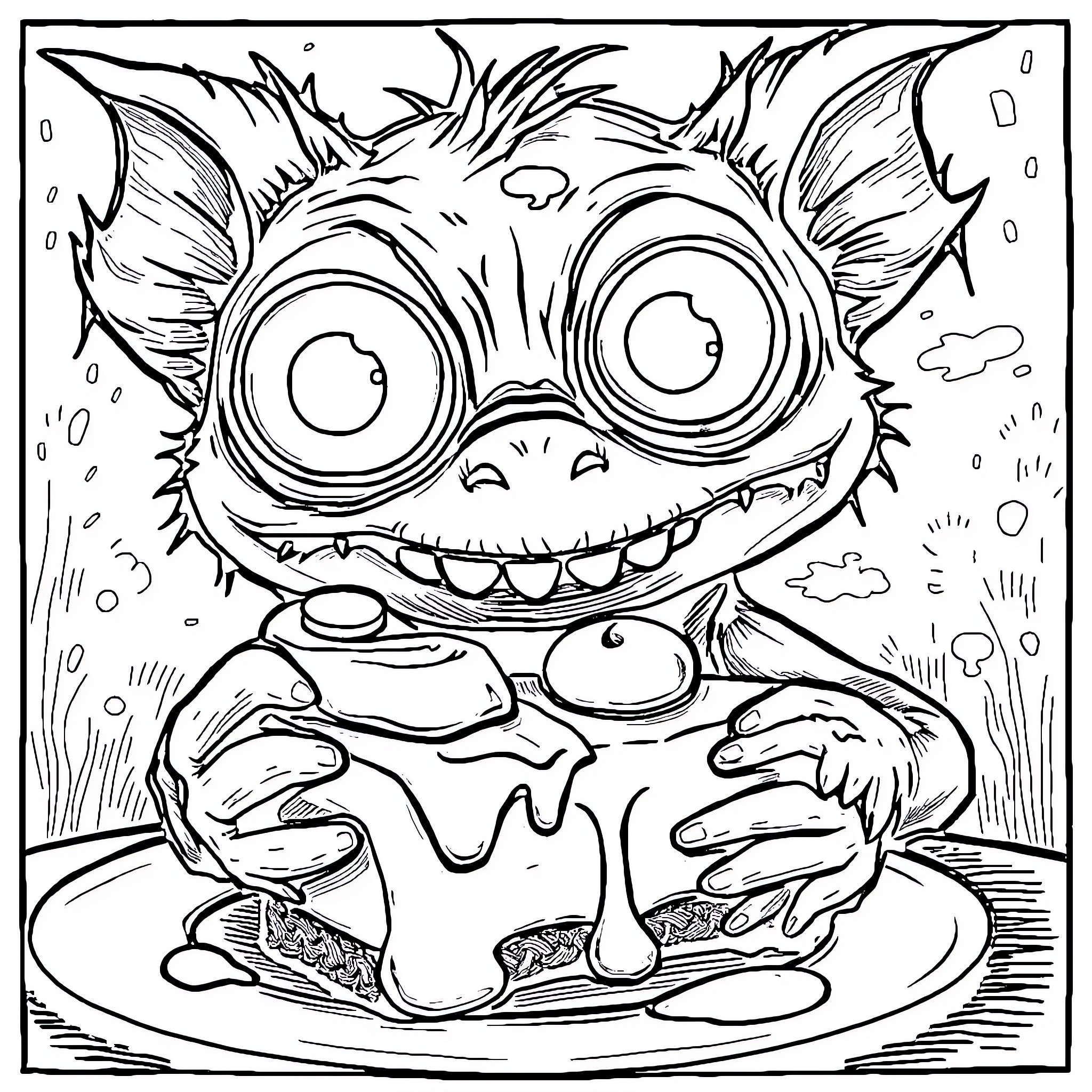 Thing eating messy burger with big smile Coloring Page (free black-and-white line drawing printable PDF for all, from beginners to advanced learners, including children, teens, adults, and seniors)