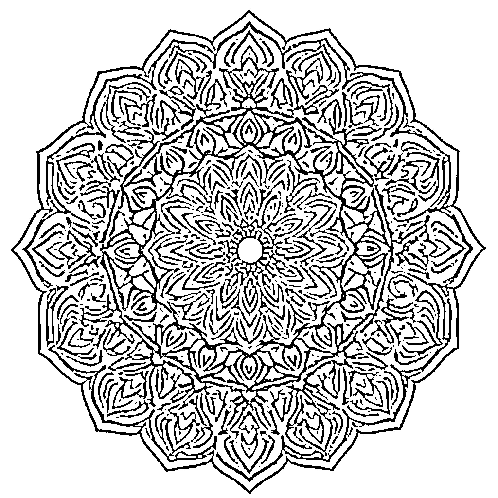 Mandala of intricate floral designs Coloring Page (free black-and-white line drawing printable PDF for all, from beginners to advanced learners, including children, teens, adults, and seniors)
