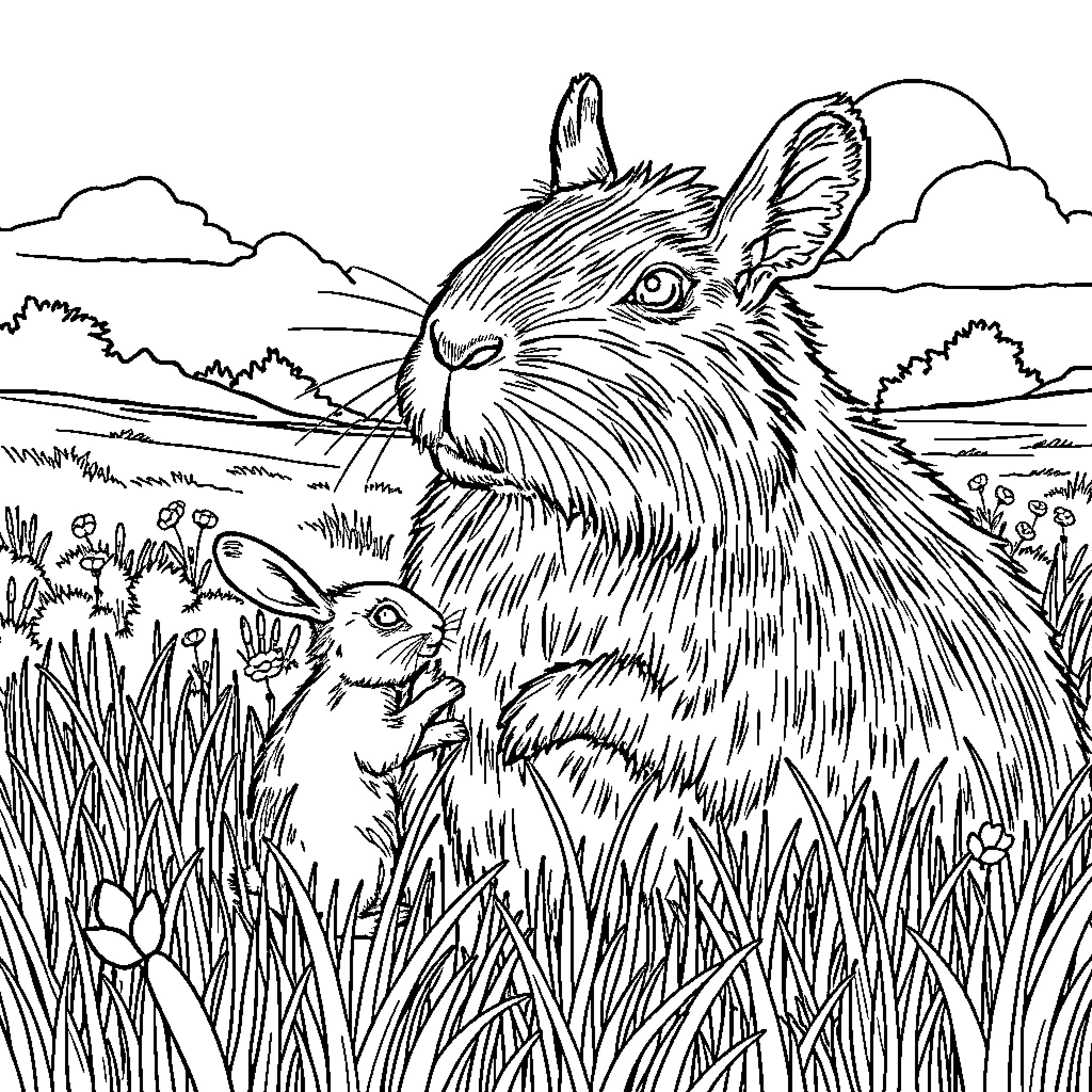 Rabbit family enjoying nature in the meadow Coloring Page (free black-and-white line drawing printable PDF for all, from beginners to advanced learners, including children, teens, adults, and seniors)
