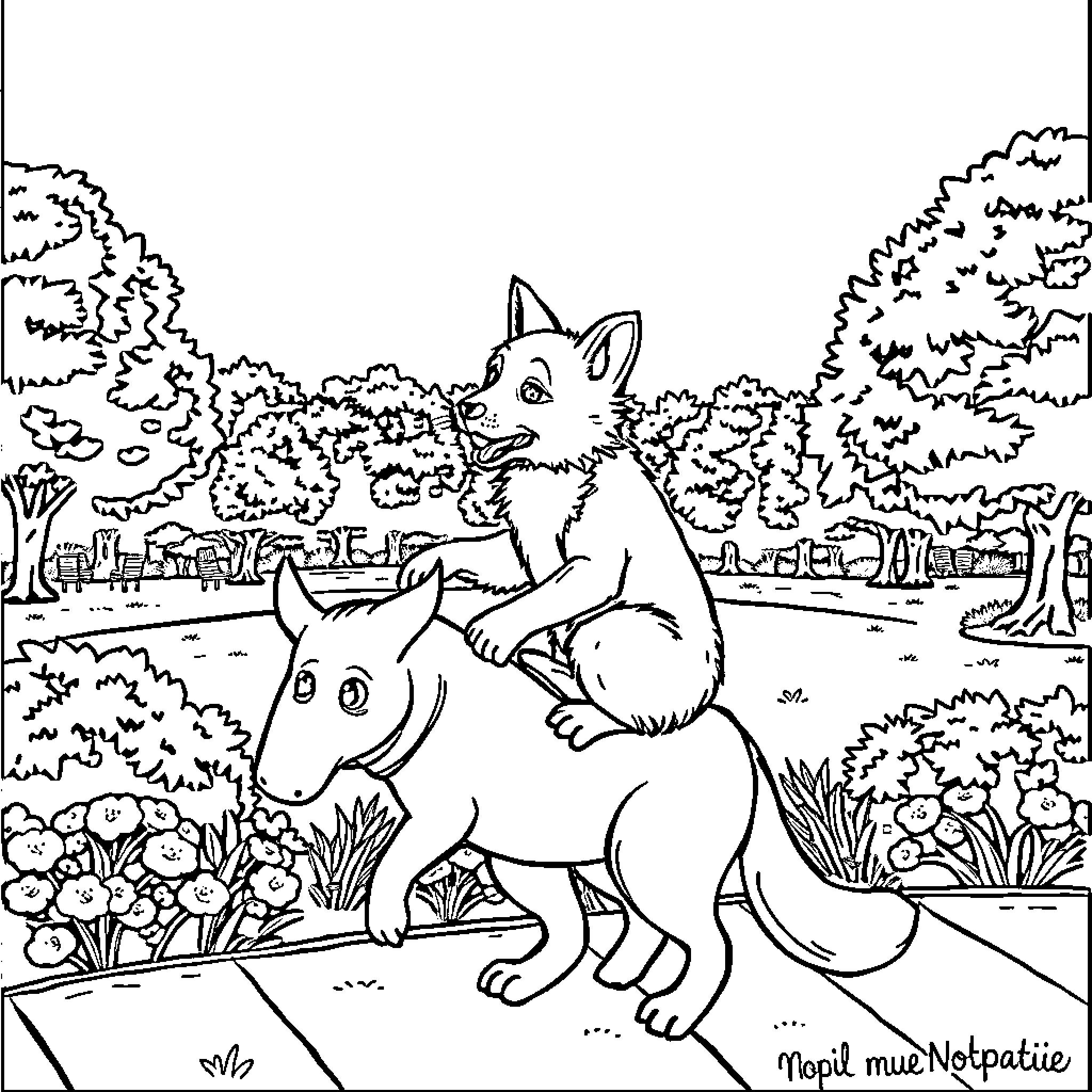 Dog riding on the back of another dog in a park Coloring Page (free black-and-white line drawing printable PDF for all, from beginners to advanced learners, including children, teens, adults, and seniors)