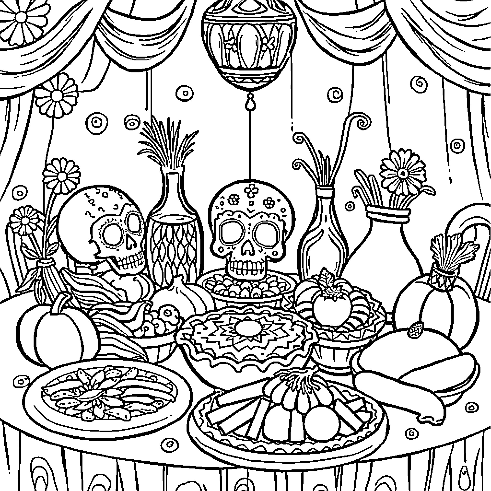 Food, Feasts, and Festivity Coloring Page (free black-and-white line drawing printable PDF for all, from beginners to advanced learners, including children, teens, adults, and seniors)