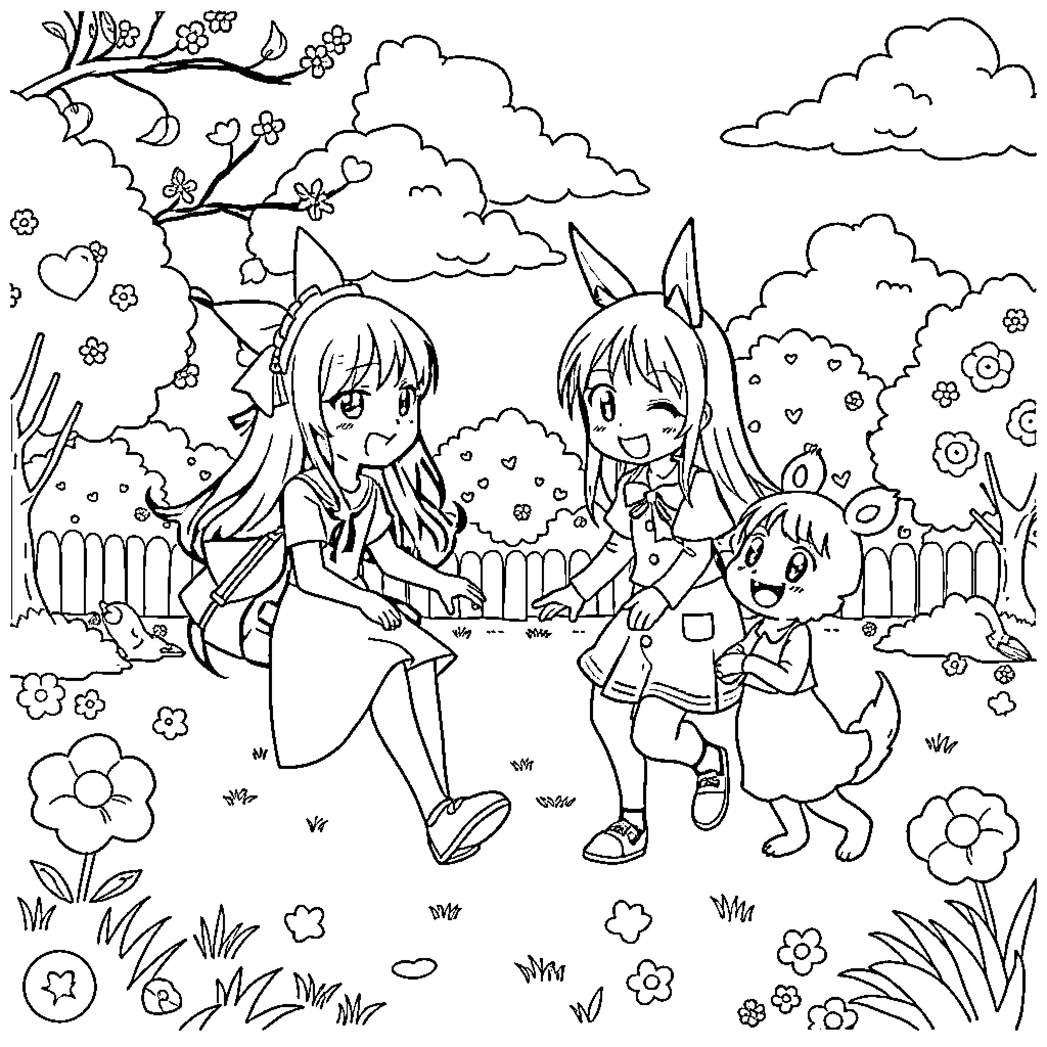 Kuromi playing happily with friends in the garden Coloring Page (free black-and-white line drawing printable PDF for all, from beginners to advanced learners, including children, teens, adults, and seniors)