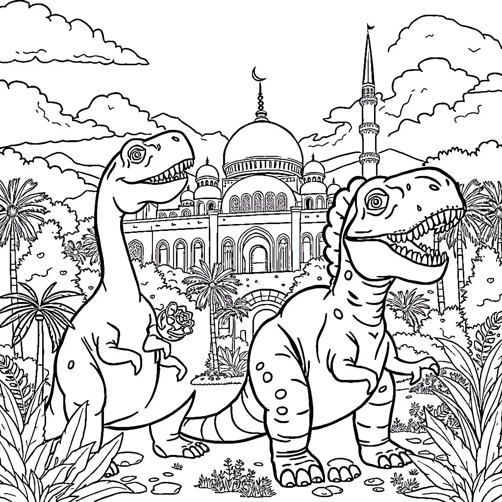 Dinosaurs roaming an ornate mosque landscape Coloring Page (free black-and-white line drawing printable PDF for all, from beginners to advanced learners, including children, teens, adults, and seniors)