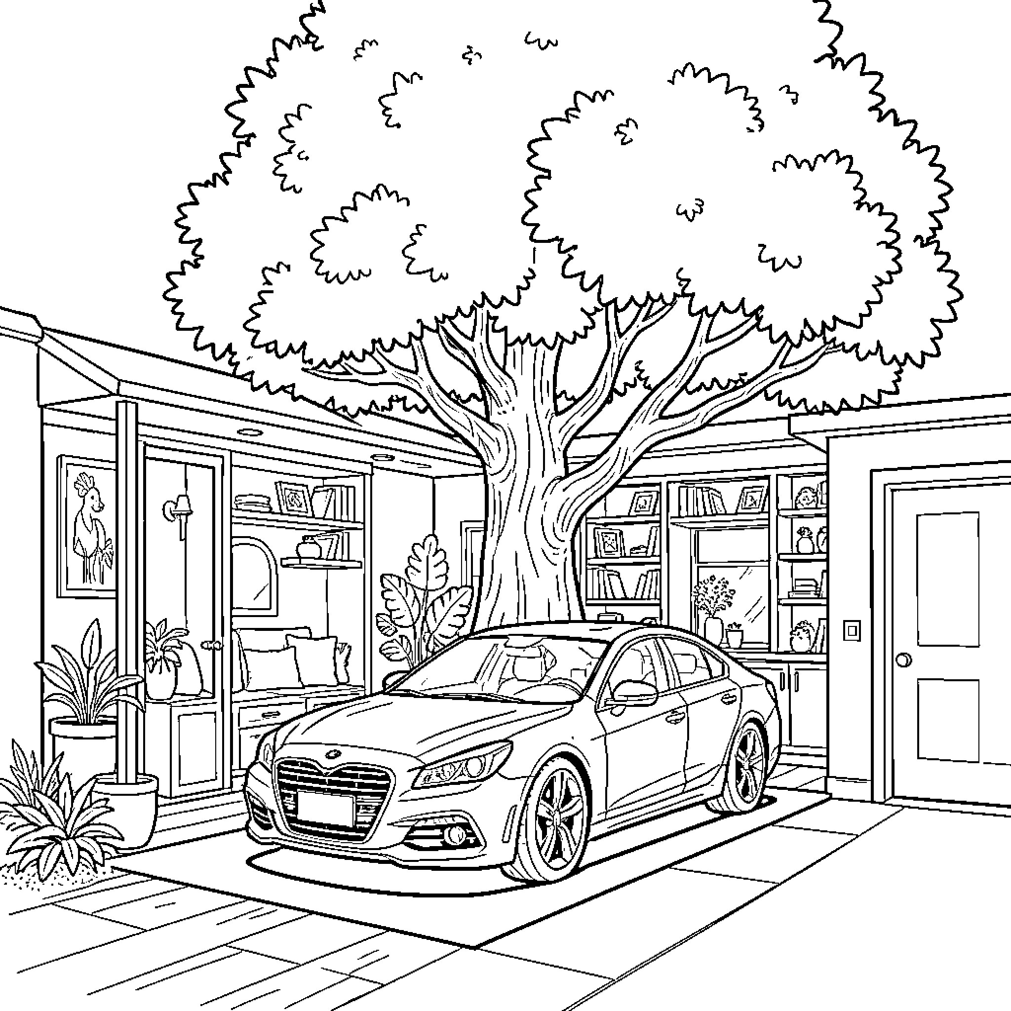 Tree and Car in Garage Scene Coloring Page (free black-and-white line drawing printable PDF for all, from beginners to advanced learners, including children, teens, adults, and seniors)