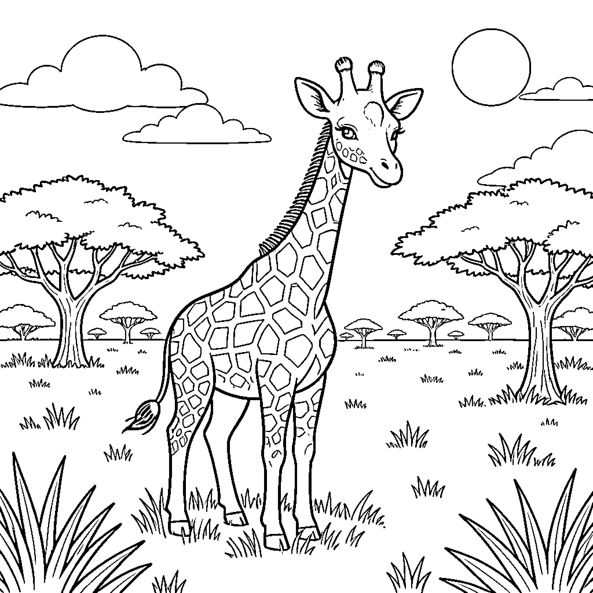 Giraffe standing tall in African savanna landscape Coloring Page (free black-and-white line drawing printable PDF for all, from beginners to advanced learners, including children, teens, adults, and seniors)
