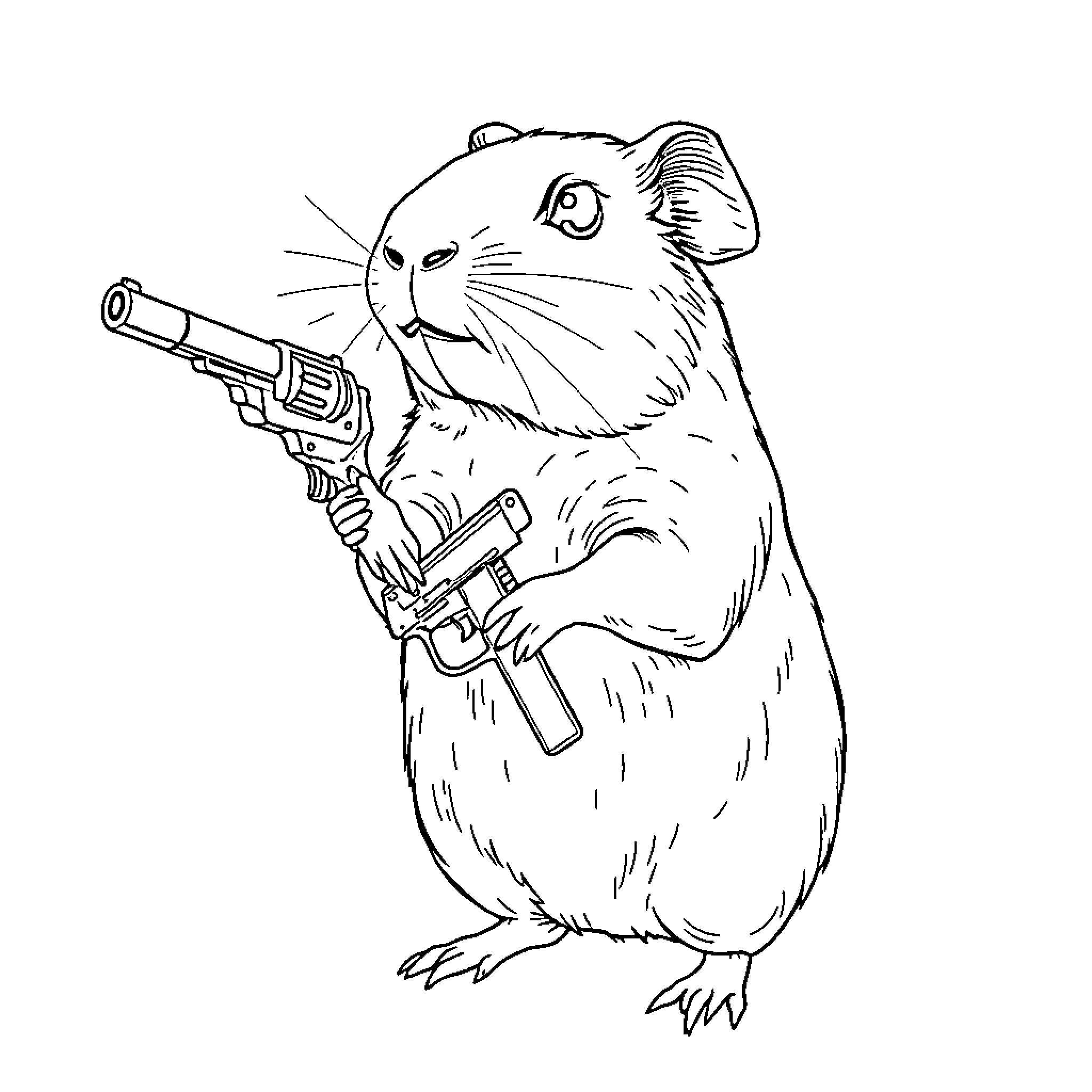 Guinea Pig wielding firearms in action pose Coloring Page (free black-and-white line drawing printable PDF for all, from beginners to advanced learners, including children, teens, adults, and seniors)