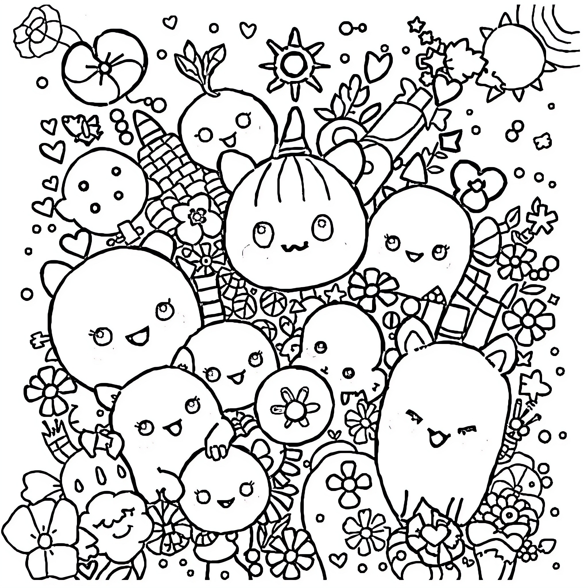 Doodle of whimsical characters and nature elements Coloring Page (free black-and-white line drawing printable PDF for all, from beginners to advanced learners, including children, teens, adults, and seniors)