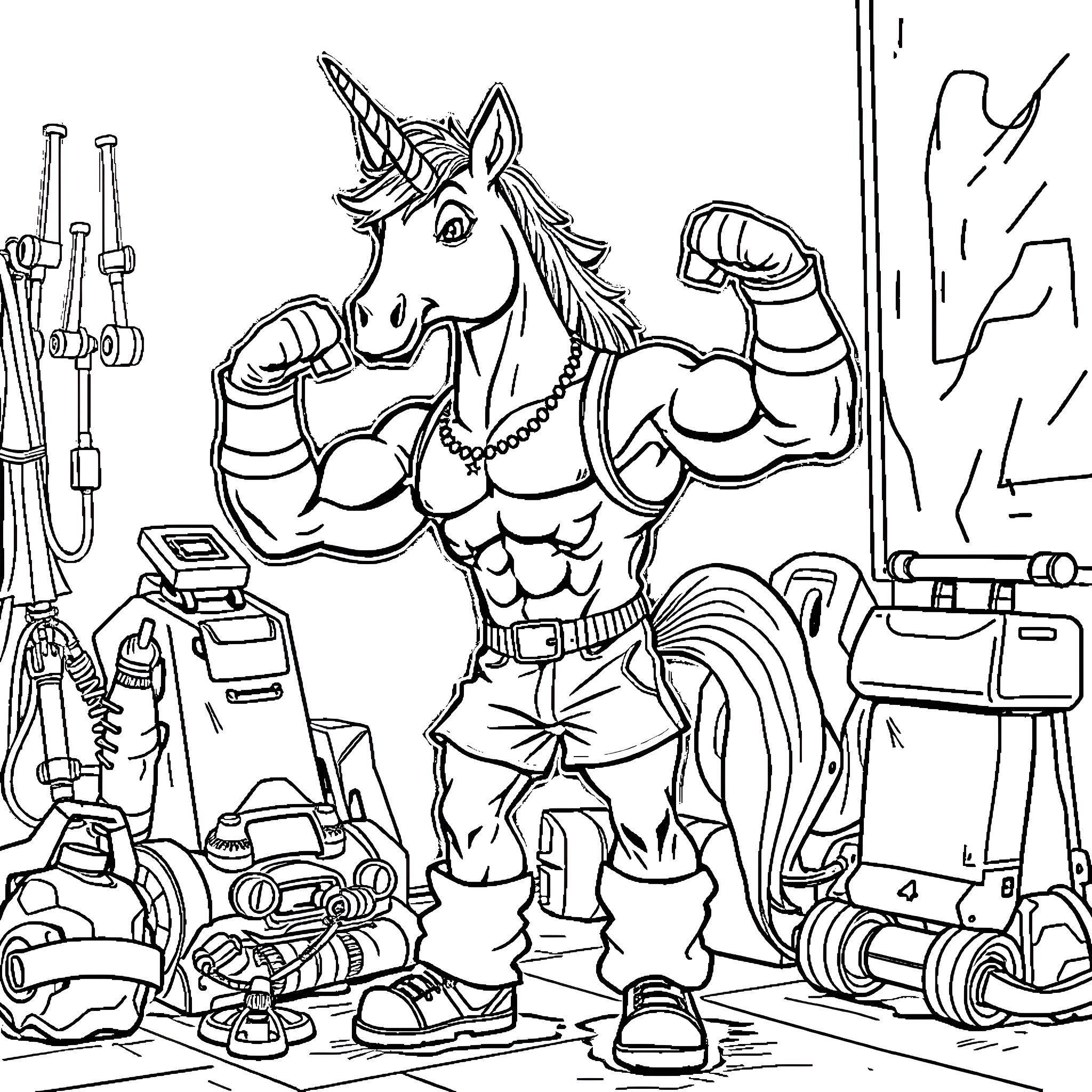 Unicorn Superhero in Workout Gear Surrounded by Fitness Equipment Coloring Page (free black-and-white line drawing printable PDF for all, from beginners to advanced learners, including children, teens, adults, and seniors)