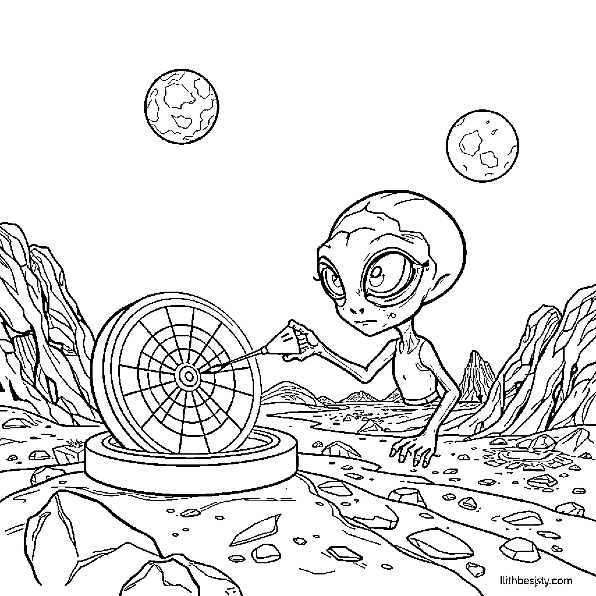 Alien spacecraft landing on remote planet Coloring Page (free black-and-white line drawing printable PDF for all, from beginners to advanced learners, including children, teens, adults, and seniors)