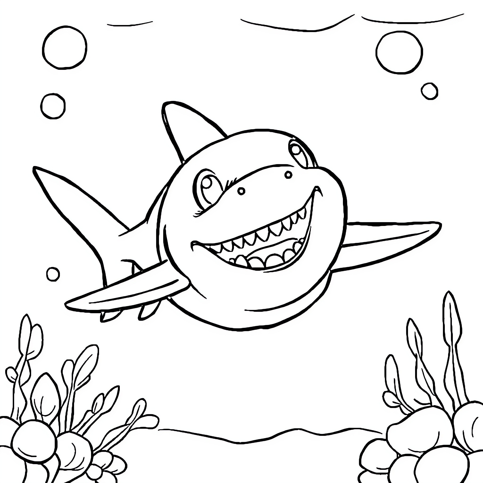 Shark swimming happily in the ocean Coloring Page (free black-and-white line drawing printable PDF for all, from beginners to advanced learners, including children, teens, adults, and seniors)