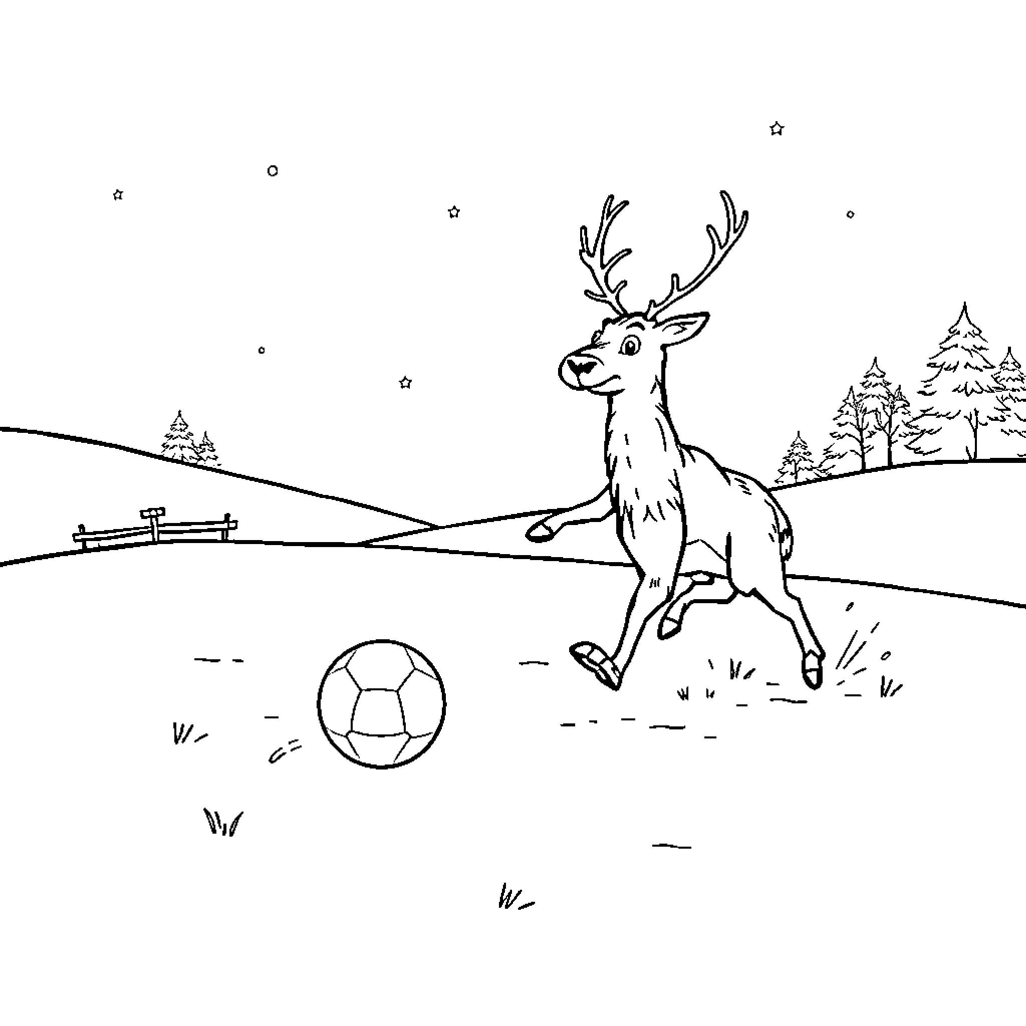 Reindeer playfully kicking soccer ball in winter landscape Coloring Page (free black-and-white line drawing printable PDF for all, from beginners to advanced learners, including children, teens, adults, and seniors)
