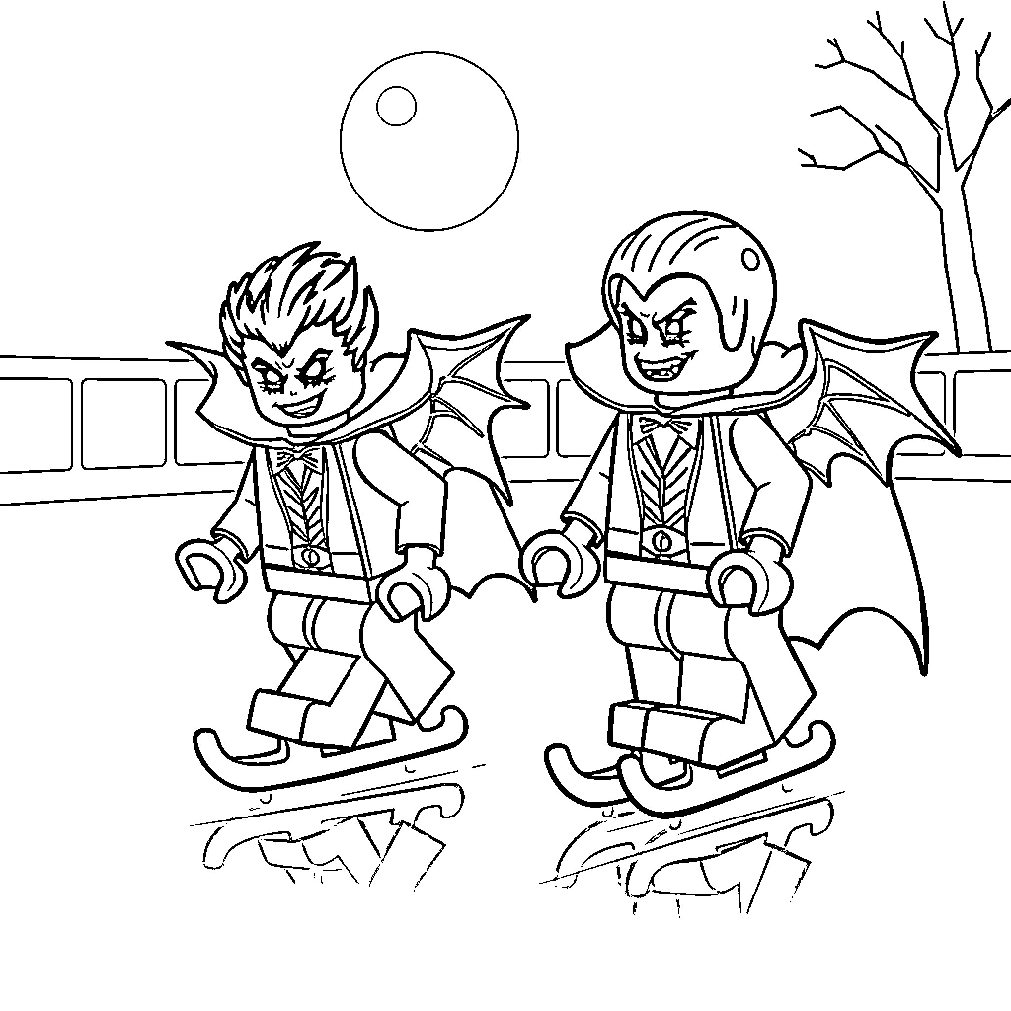 Vampire Minifigures Skating in the Park Coloring Page (free black-and-white line drawing printable PDF for all, from beginners to advanced learners, including children, teens, adults, and seniors)