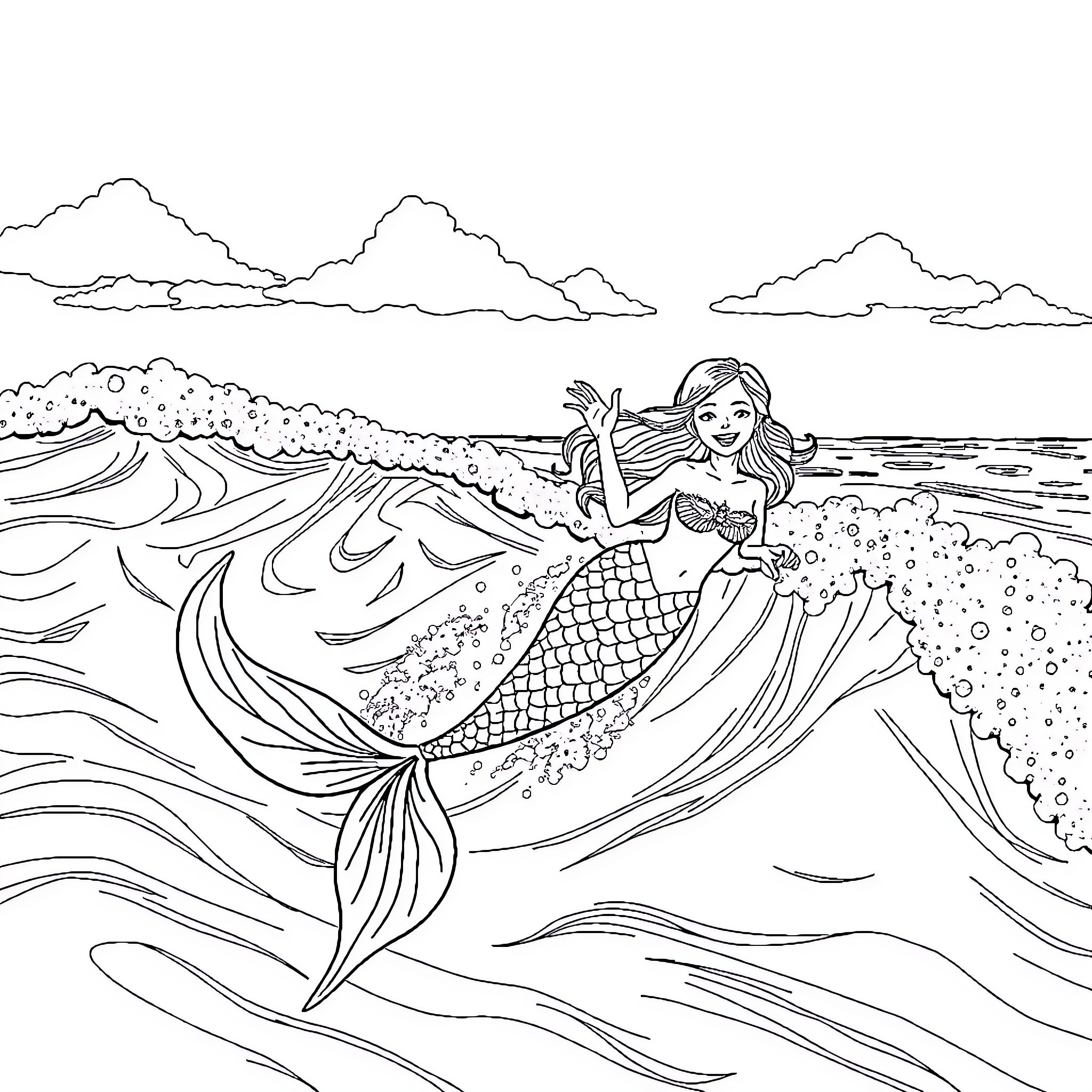 Mermaid playfully swimming through ocean waves Coloring Page (free black-and-white line drawing printable PDF for all, from beginners to advanced learners, including children, teens, adults, and seniors)