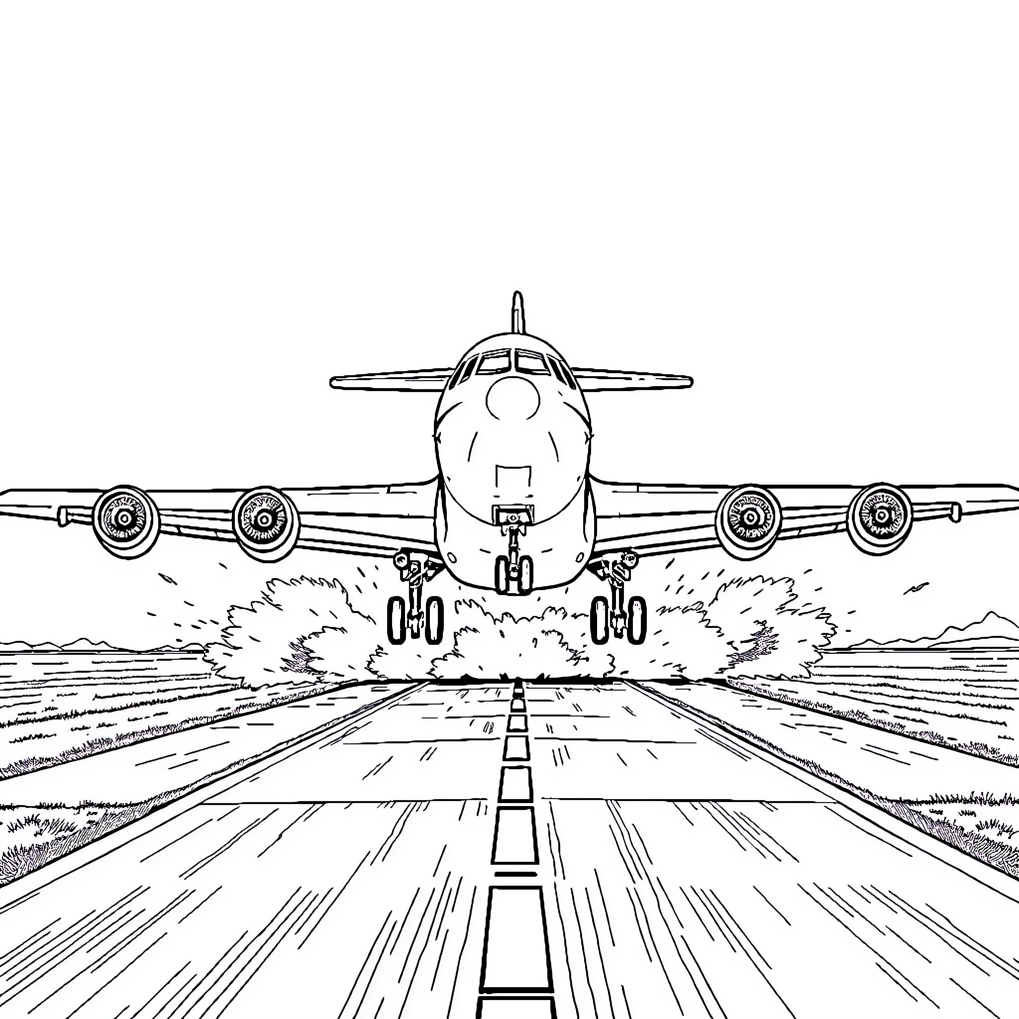 C17 Aircraft Taking Off from Runway Coloring Page (free black-and-white line drawing printable PDF for all, from beginners to advanced learners, including children, teens, adults, and seniors)