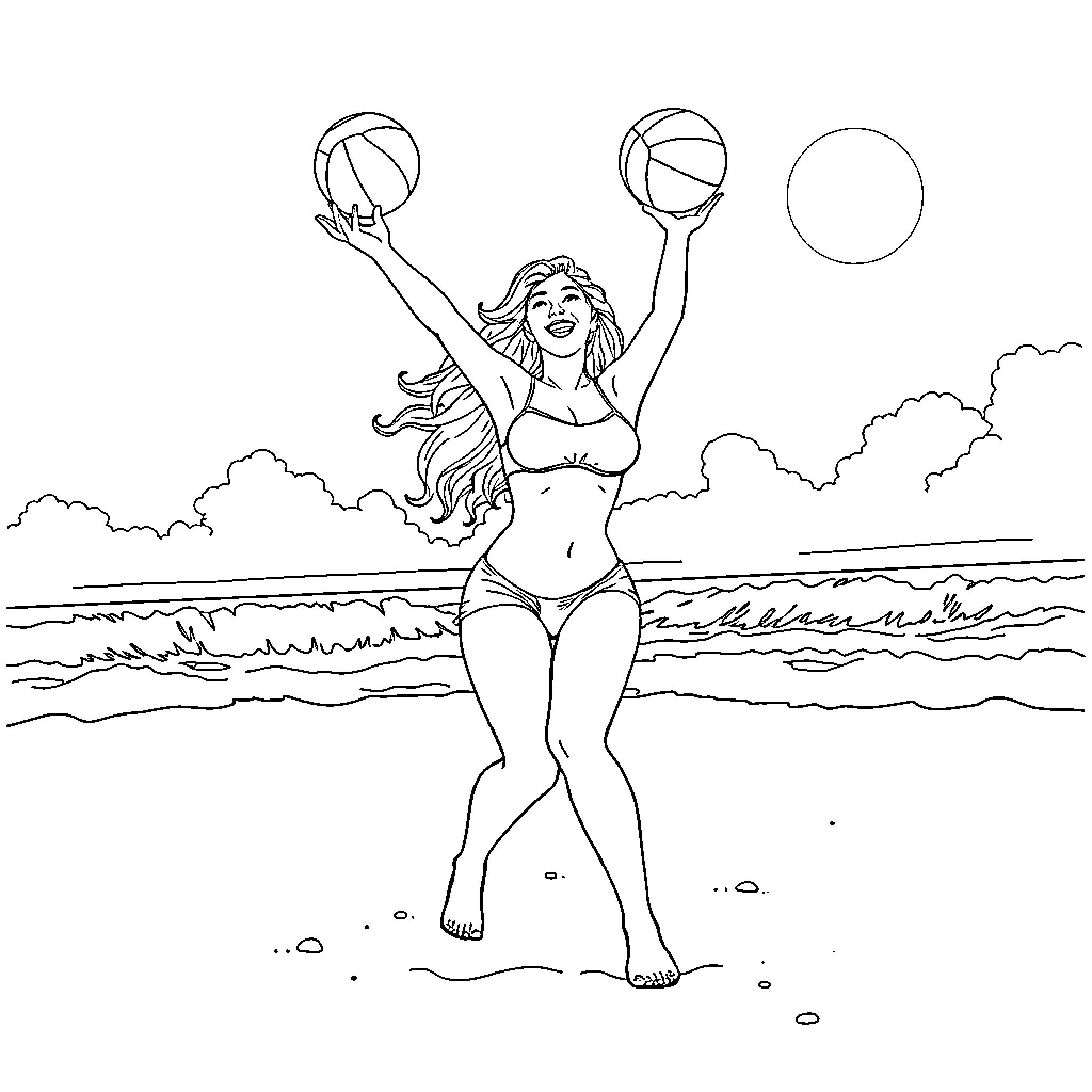 Gianna Michaels playing with beach balls on the shore Coloring Page (free black-and-white line drawing printable PDF for all, from beginners to advanced learners, including children, teens, adults, and seniors)