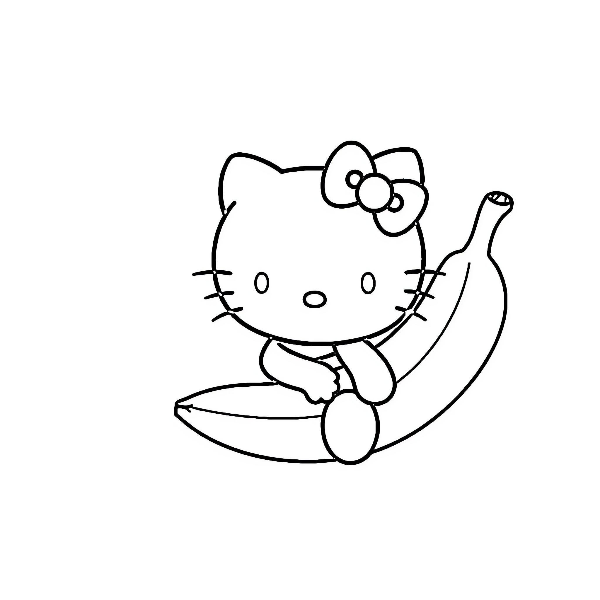 Hello Kitty playing on a banana Coloring Page (free black-and-white line drawing printable PDF for all, from beginners to advanced learners, including children, teens, adults, and seniors)
