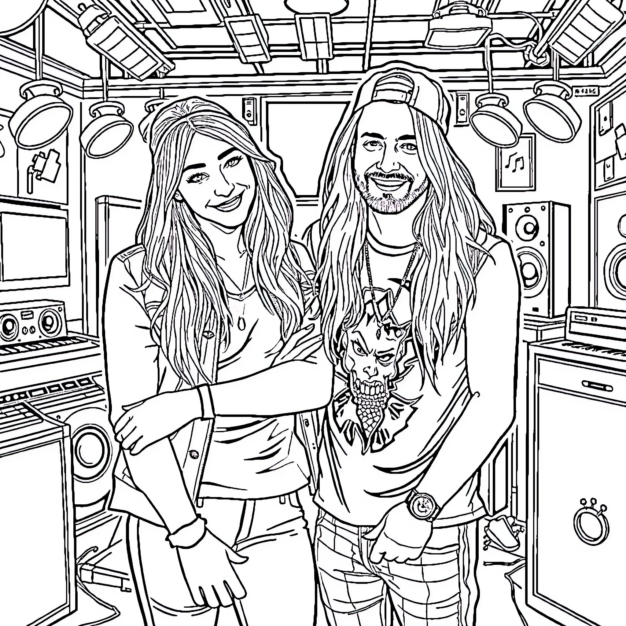 Avril Lavigne and companion posing together in music studio Coloring Page (free black-and-white line drawing printable PDF for all, from beginners to advanced learners, including children, teens, adults, and seniors)