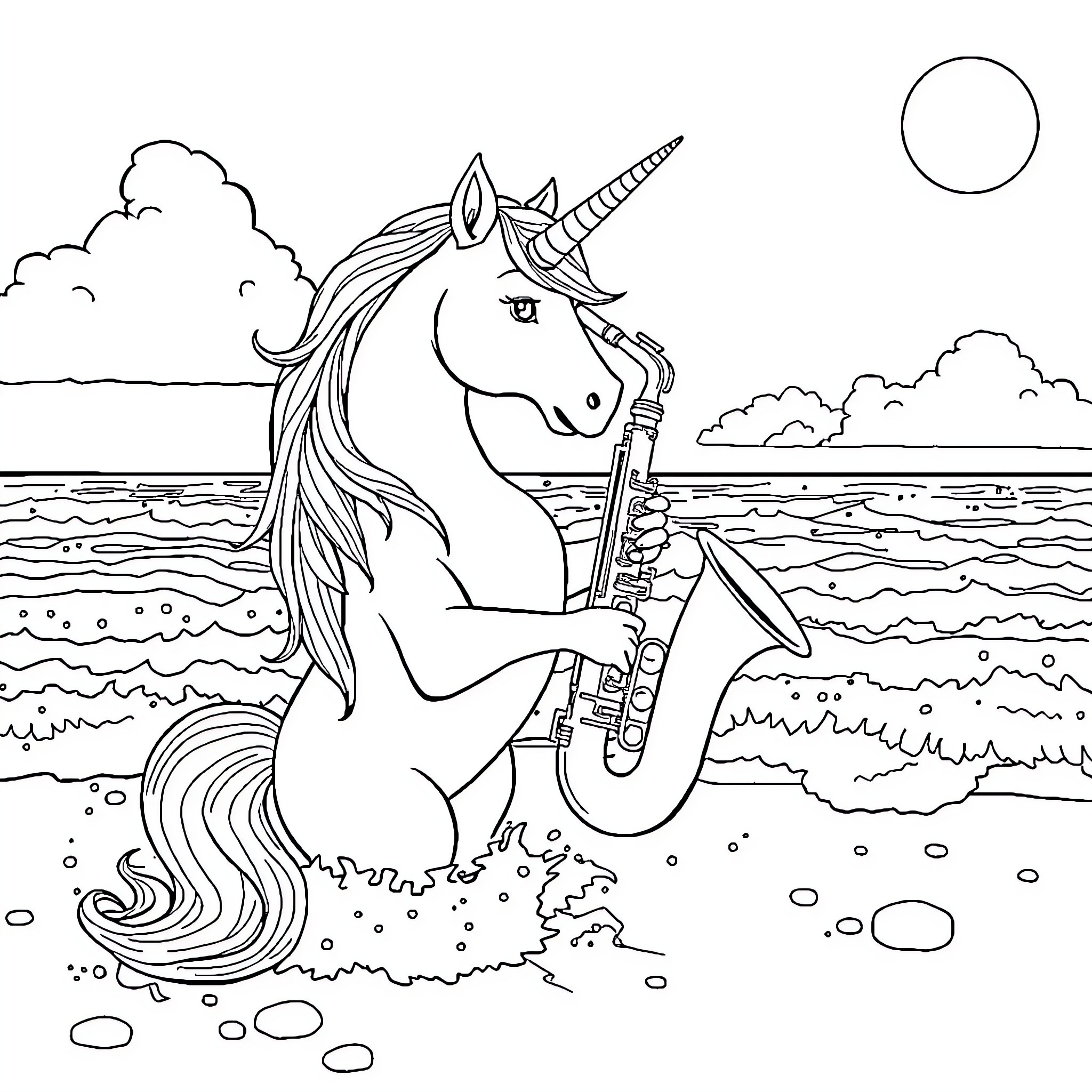 Unicorn playing saxophone by the seaside Coloring Page (free black-and-white line drawing printable PDF for all, from beginners to advanced learners, including children, teens, adults, and seniors)