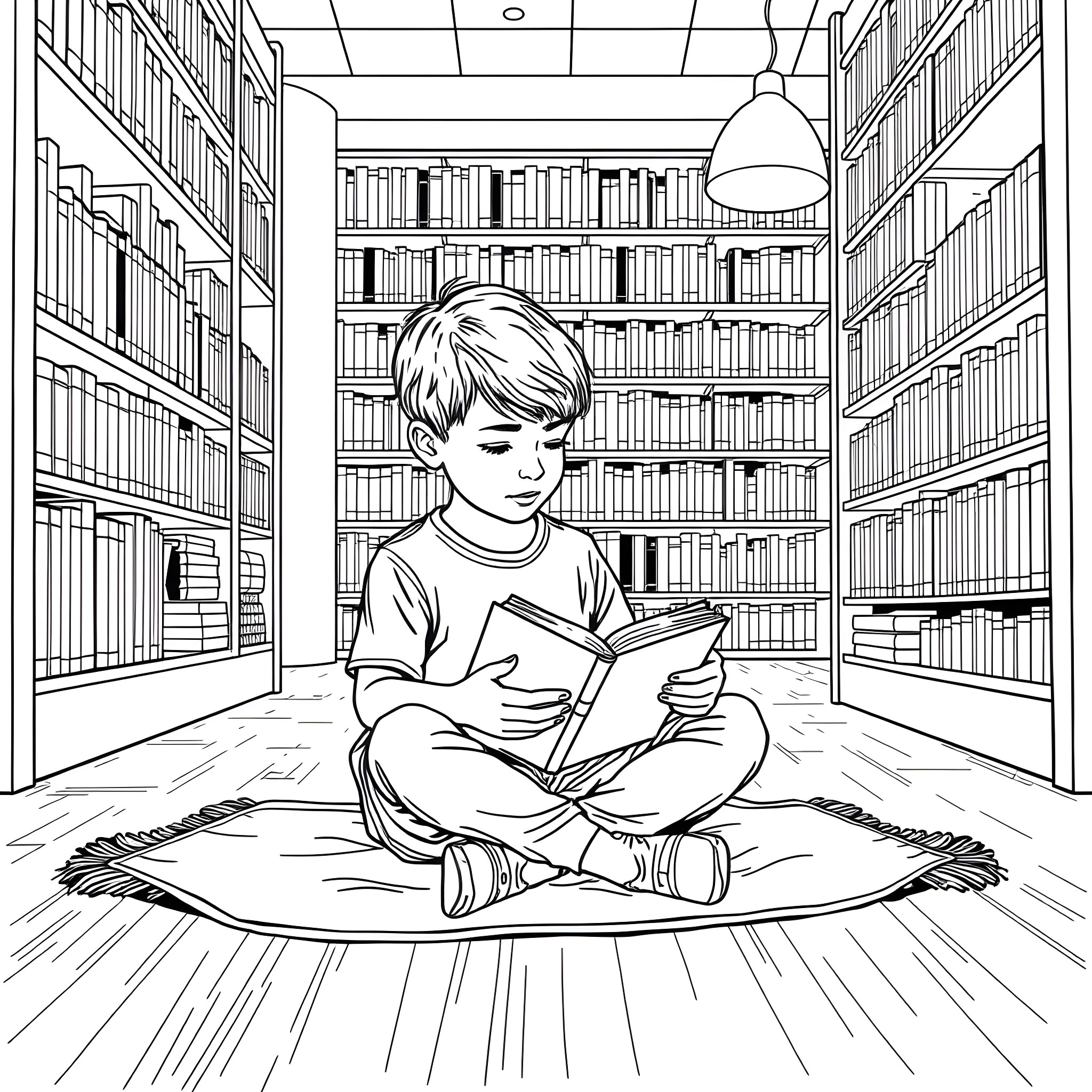 Boy Reading a Book in the Library Coloring Page (free black-and-white line drawing printable PDF for all, from beginners to advanced learners, including children, teens, adults, and seniors)