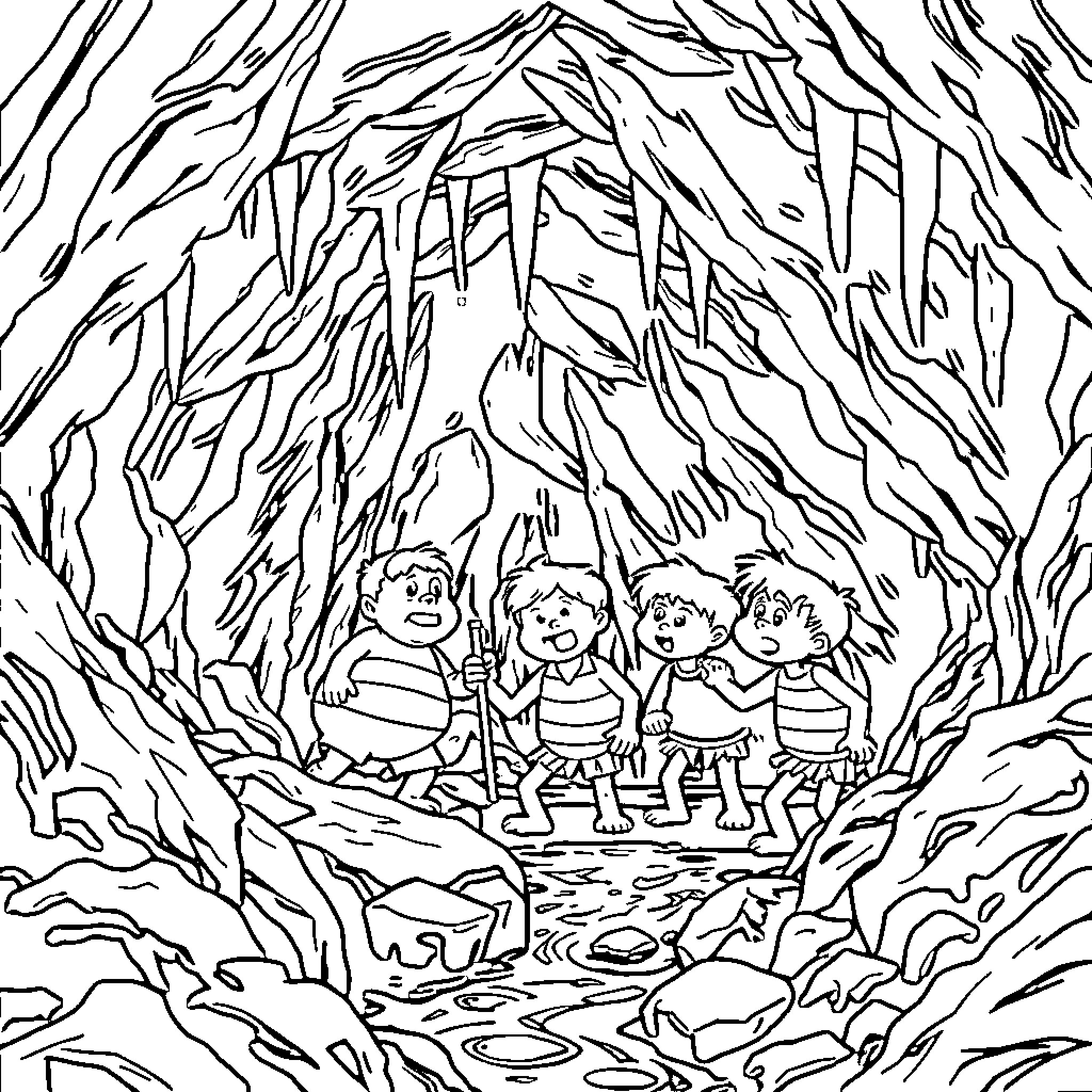 Goonies explore the enchanted forest Coloring Page (free black-and-white line drawing printable PDF for all, from beginners to advanced learners, including children, teens, adults, and seniors)