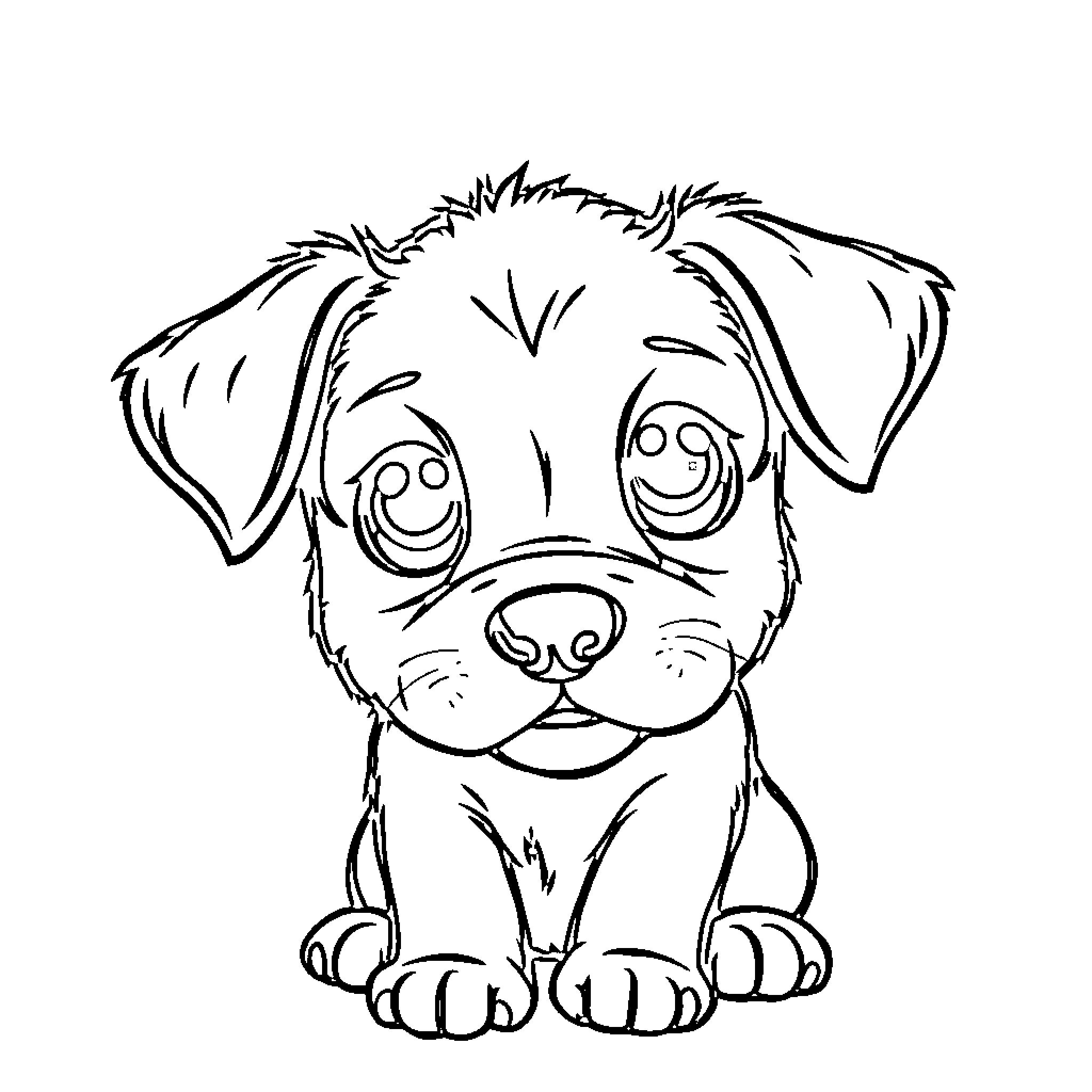 Cute puppy with big eyes and happy expression Coloring Page (free black-and-white line drawing printable PDF for all, from beginners to advanced learners, including children, teens, adults, and seniors)