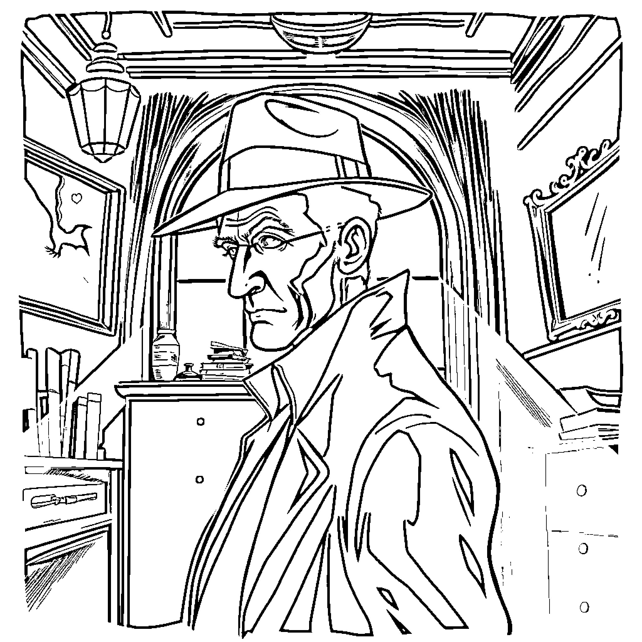 Detective Investigates Mysterious Scene in Office Coloring Page (free black-and-white line drawing printable PDF for all, from beginners to advanced learners, including children, teens, adults, and seniors)
