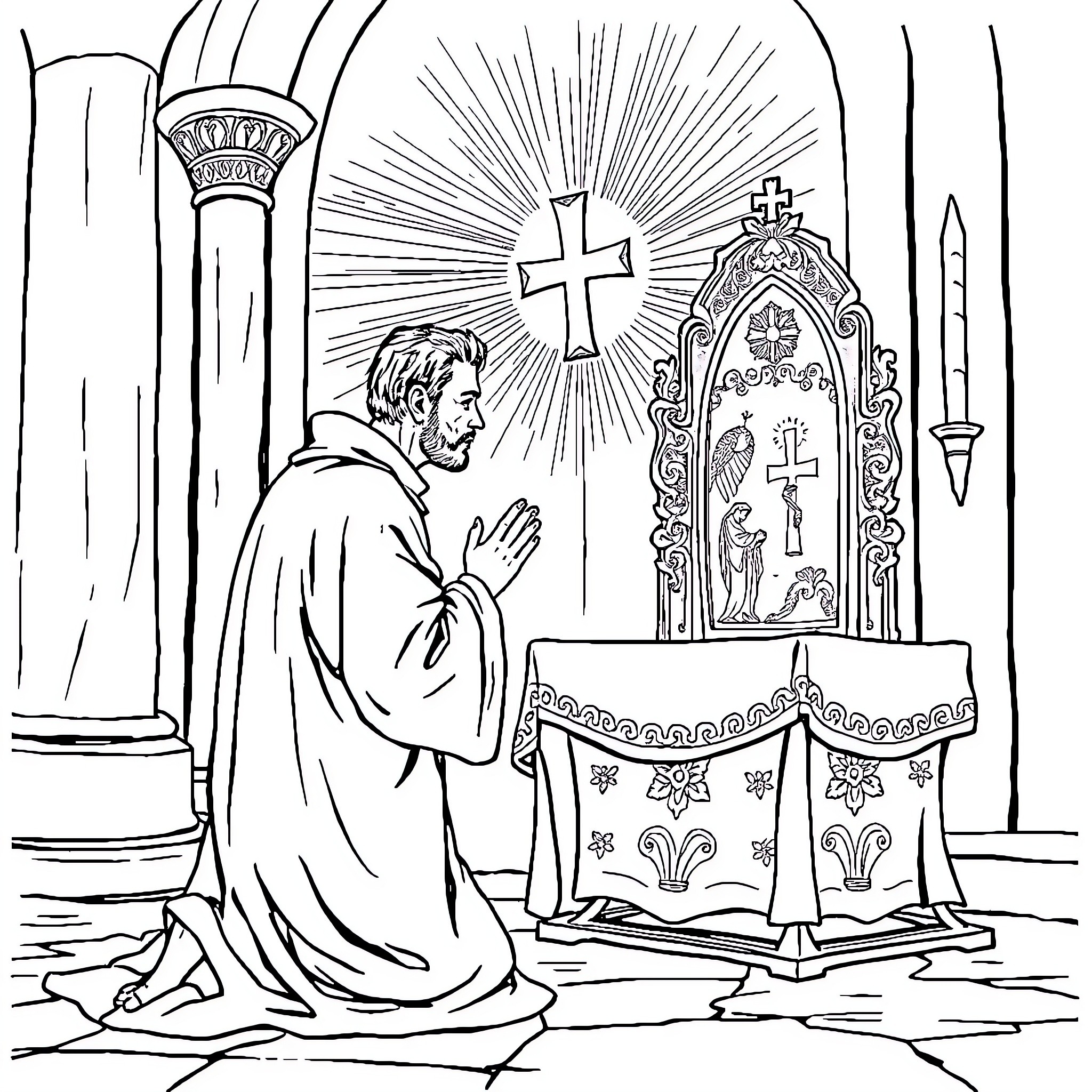 Carlo Acutis praying at the altar in a church Coloring Page (free black-and-white line drawing printable PDF for all, from beginners to advanced learners, including children, teens, adults, and seniors)