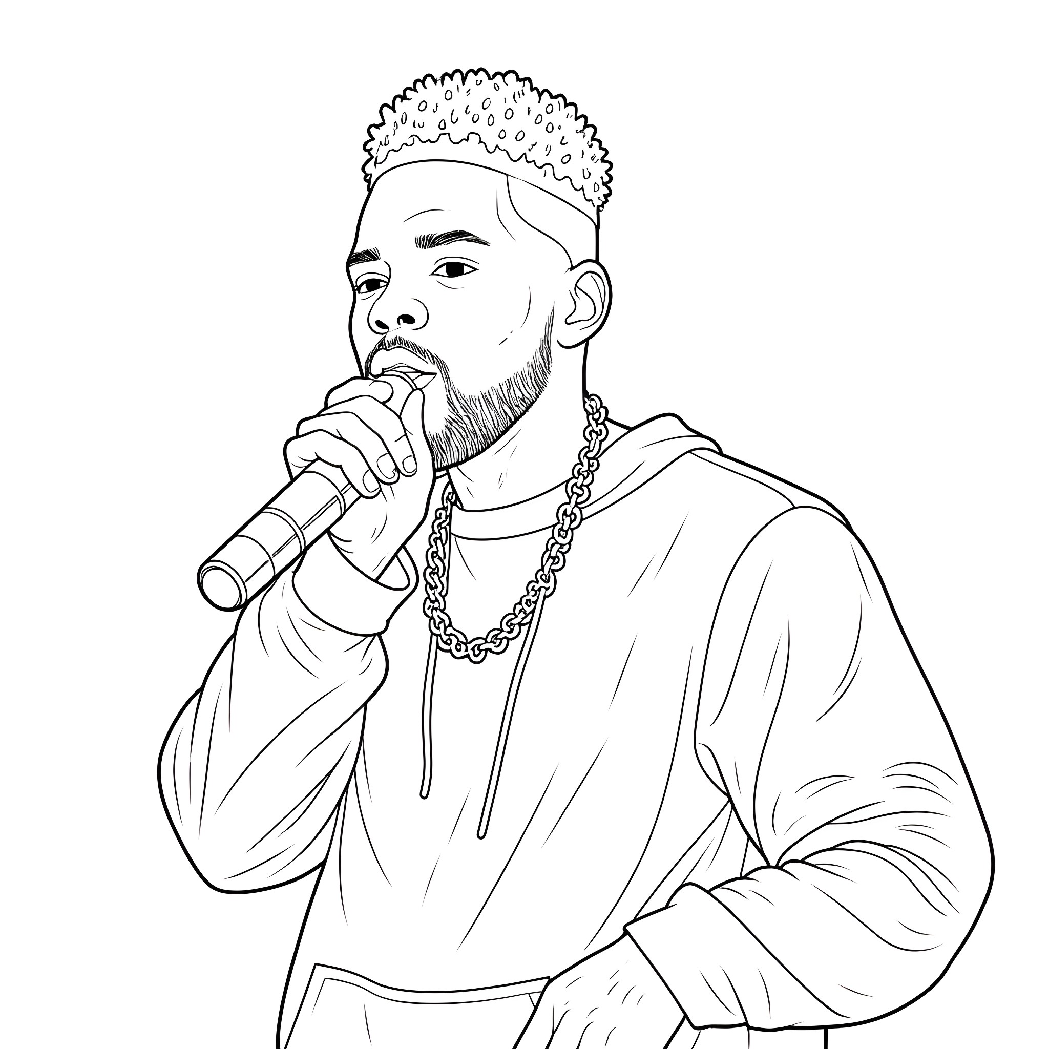 Kendrick Lamar performing on stage with microphone Coloring Page (free black-and-white line drawing printable PDF for all, from beginners to advanced learners, including children, teens, adults, and seniors)