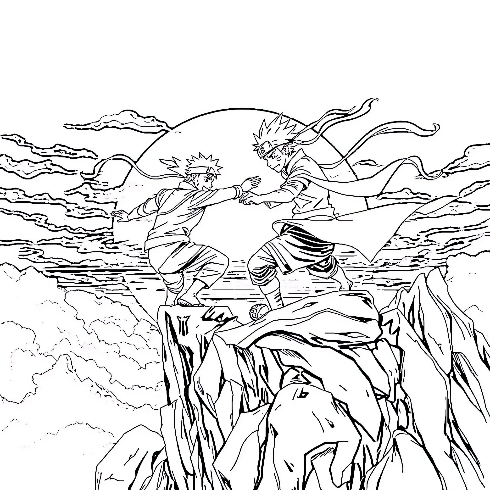 Naruto battling fiercely on the rocky landscape Coloring Page (free black-and-white line drawing printable PDF for all, from beginners to advanced learners, including children, teens, adults, and seniors)
