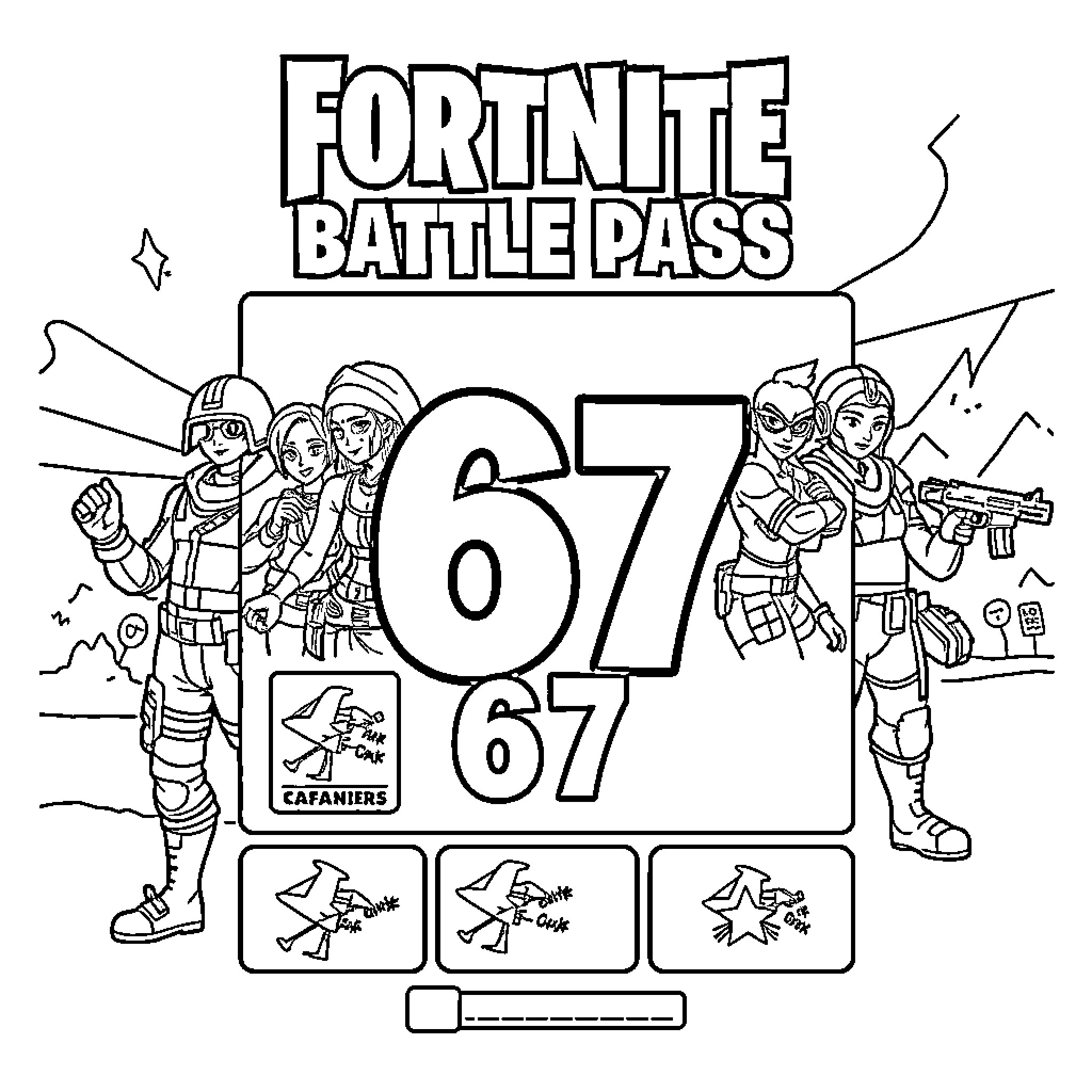Skibidi Fortnite Battle Pass Scenes Coloring Page (free black-and-white line drawing printable PDF for all, from beginners to advanced learners, including children, teens, adults, and seniors)