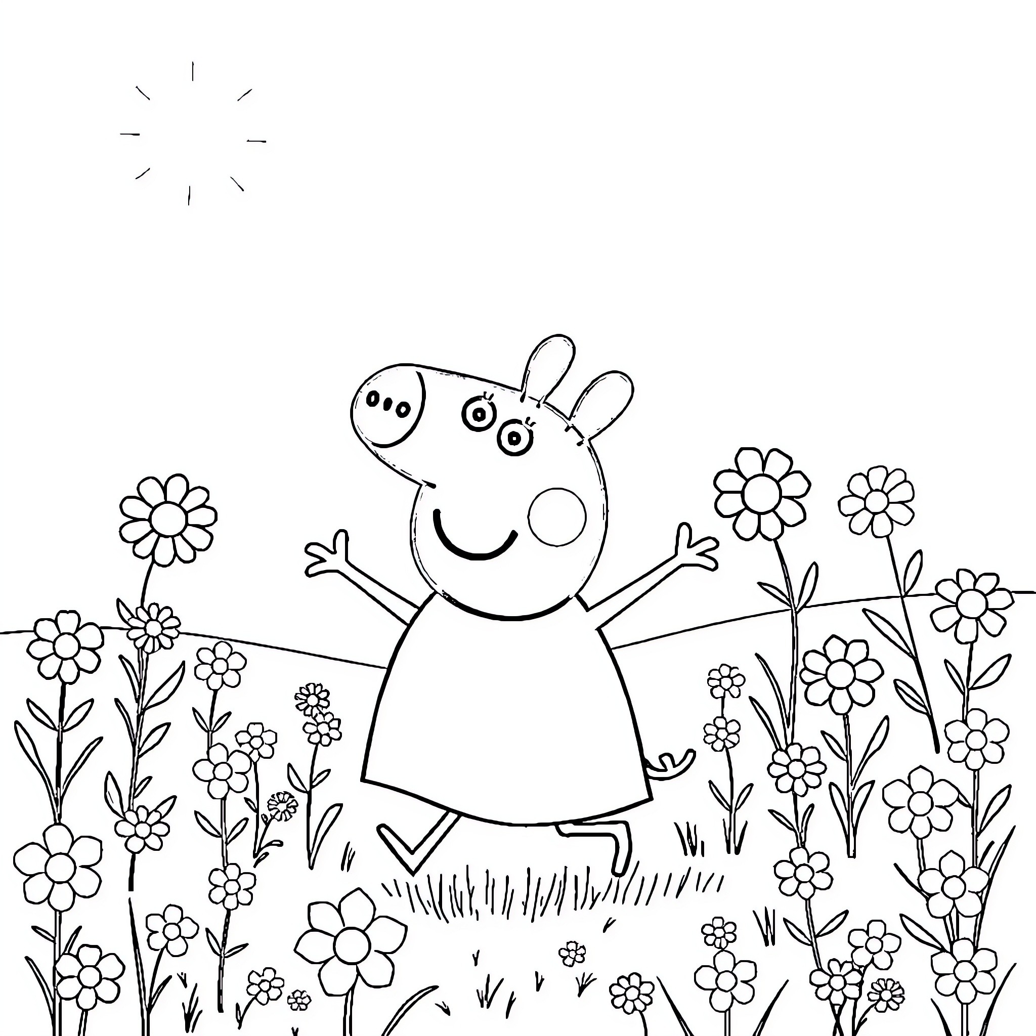 Peppa Pig frolicking in a flowery meadow Coloring Page (free black-and-white line drawing printable PDF for all, from beginners to advanced learners, including children, teens, adults, and seniors)