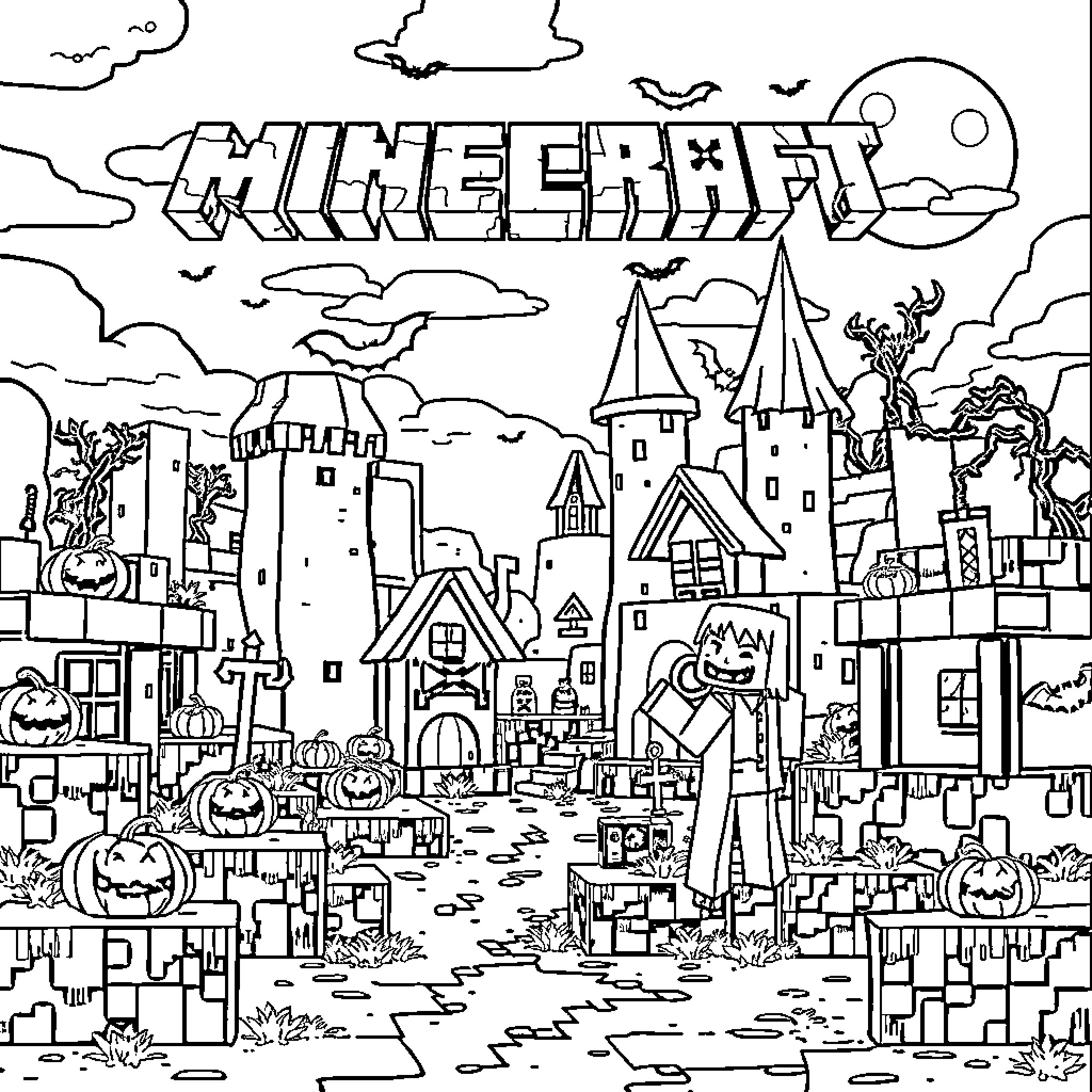 Halloween Minecraft Themed Town with Spooky Elements Coloring Page (free black-and-white line drawing printable PDF for all, from beginners to advanced learners, including children, teens, adults, and seniors)