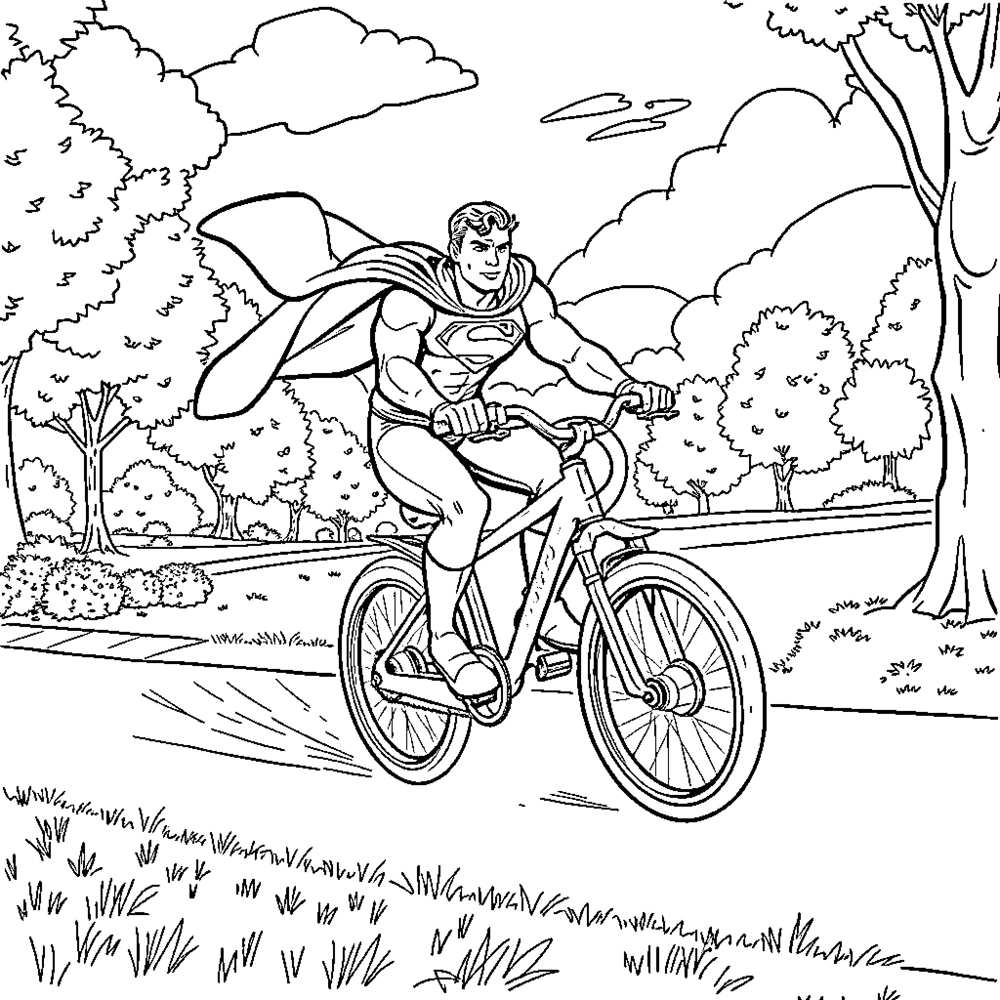 Superman riding a bicycle in the park Coloring Page (free black-and-white line drawing printable PDF for all, from beginners to advanced learners, including children, teens, adults, and seniors)