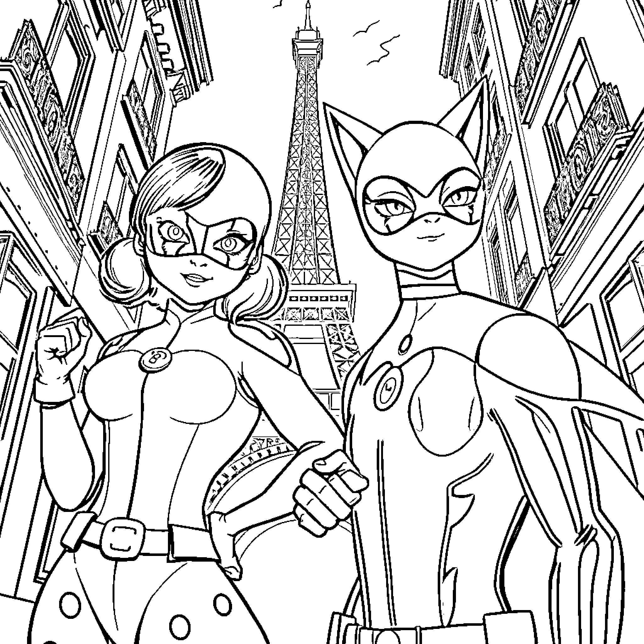 Ladybug superheroines explore Parisian cityscape Coloring Page (free black-and-white line drawing printable PDF for all, from beginners to advanced learners, including children, teens, adults, and seniors)