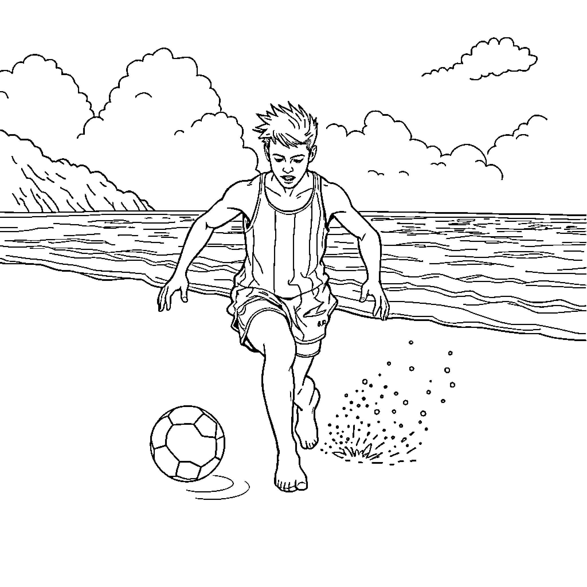 Swimmer kicking ball on the beach Coloring Page (free black-and-white line drawing printable PDF for all, from beginners to advanced learners, including children, teens, adults, and seniors)
