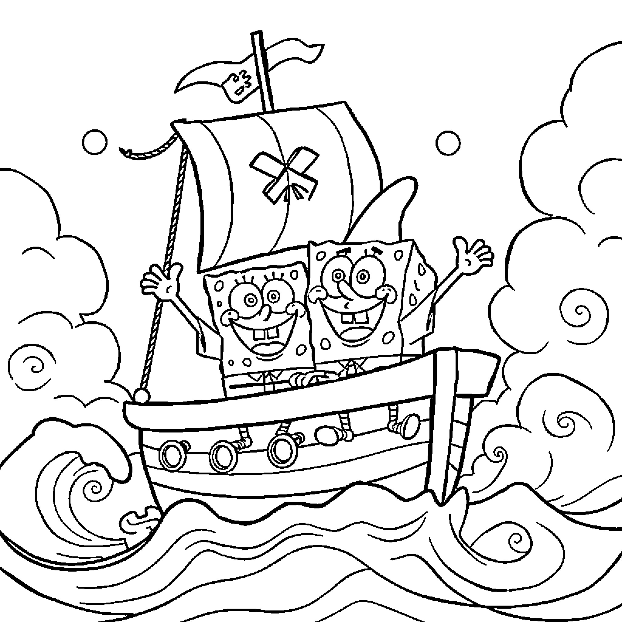 Spongebob and Patrick Sailing on a Pirate Ship Coloring Page (free black-and-white line drawing printable PDF for all, from beginners to advanced learners, including children, teens, adults, and seniors)