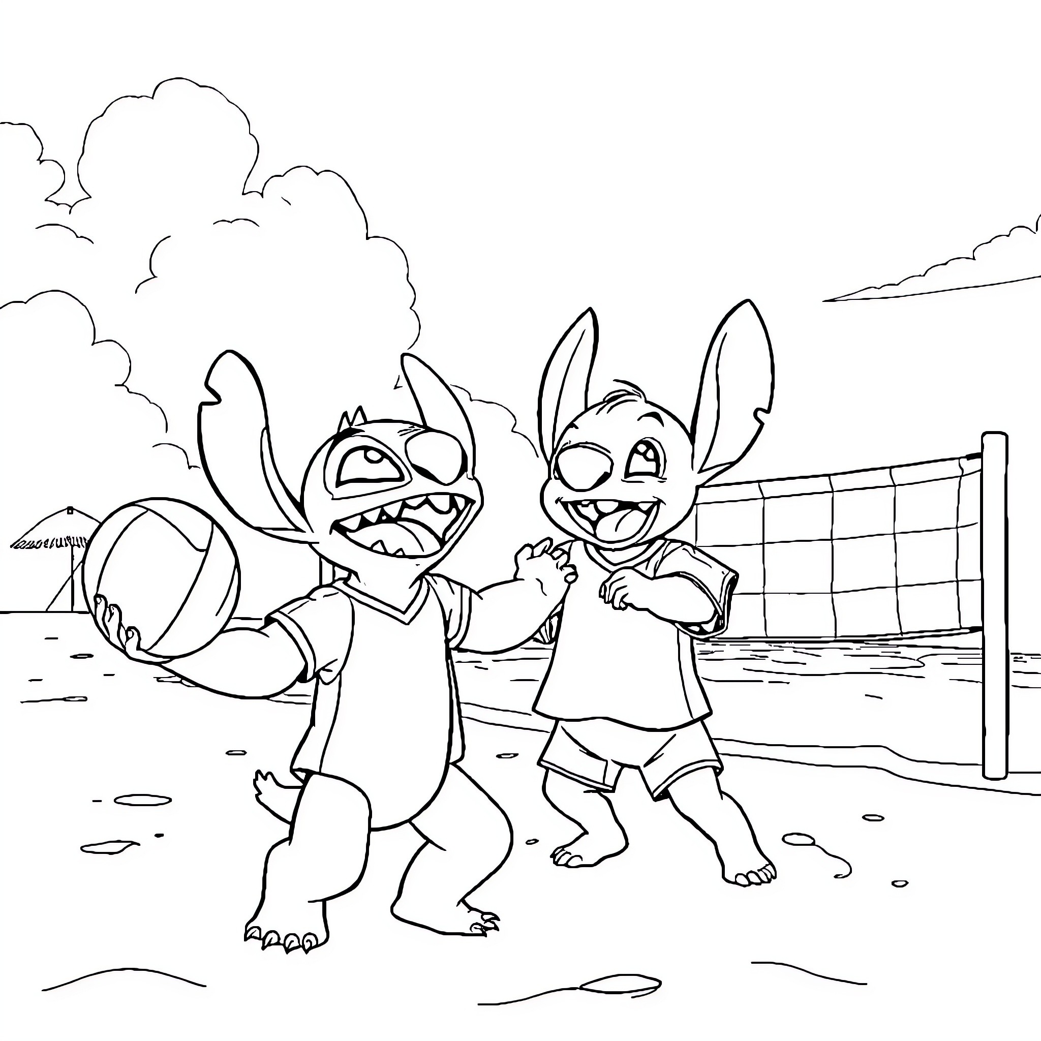 Labubu playing beach volleyball with friends Coloring Page (free black-and-white line drawing printable PDF for all, from beginners to advanced learners, including children, teens, adults, and seniors)