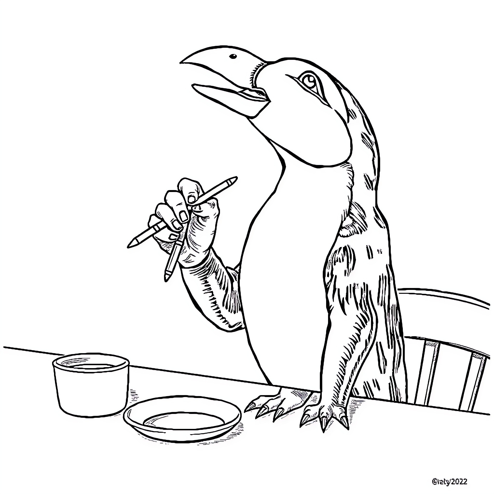 Pen-wielding parrot creating artwork Coloring Page (free black-and-white line drawing printable PDF for all, from beginners to advanced learners, including children, teens, adults, and seniors)