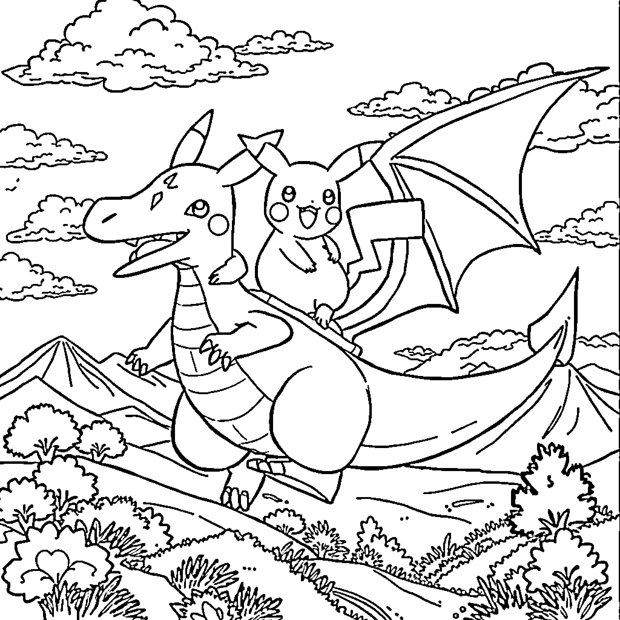Charizard and Pikachu exploring the fantasy landscape Coloring Page (free black-and-white line drawing printable PDF for all, from beginners to advanced learners, including children, teens, adults, and seniors)