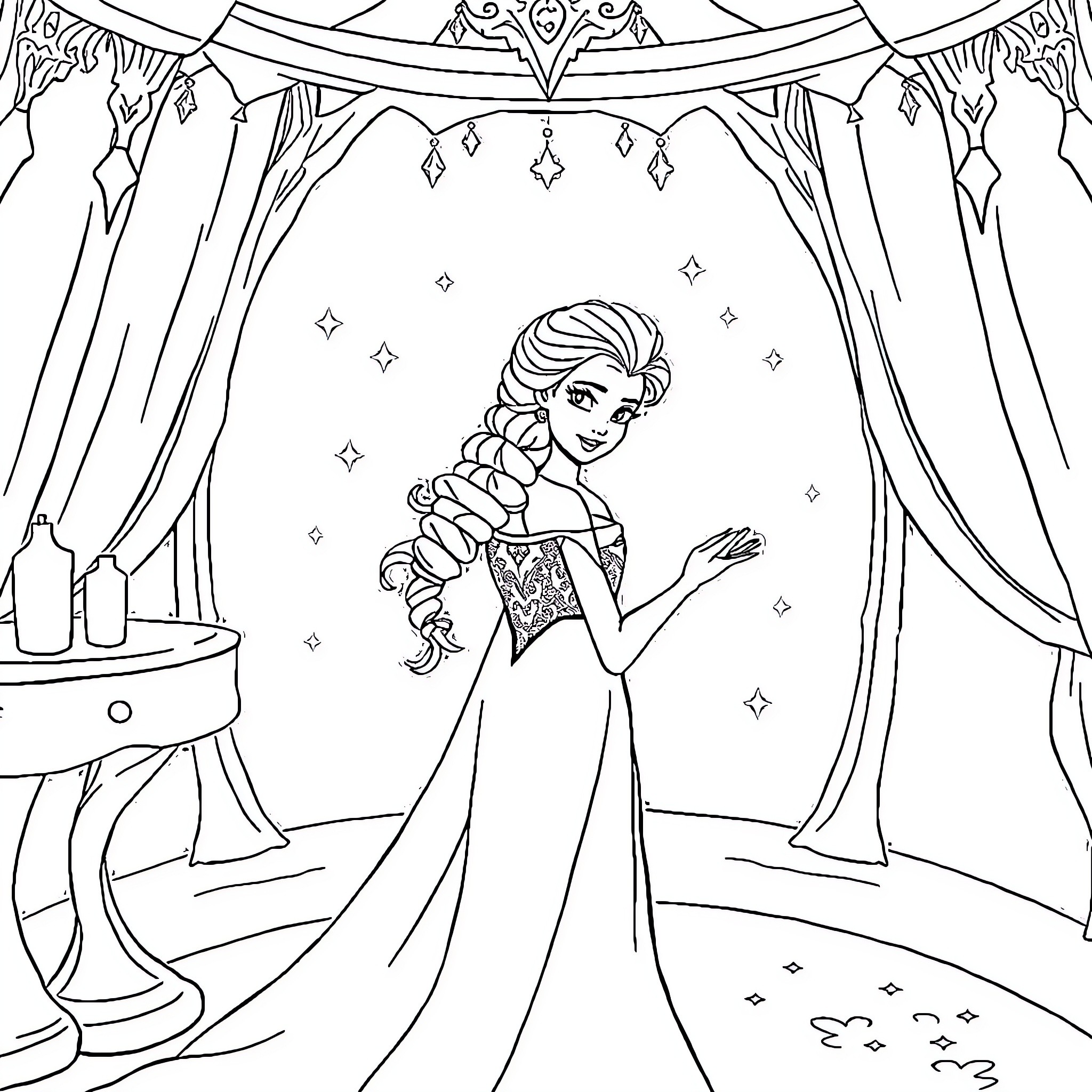 Elsa dancing gracefully in a royal ballroom Coloring Page (free black-and-white line drawing printable PDF for all, from beginners to advanced learners, including children, teens, adults, and seniors)
