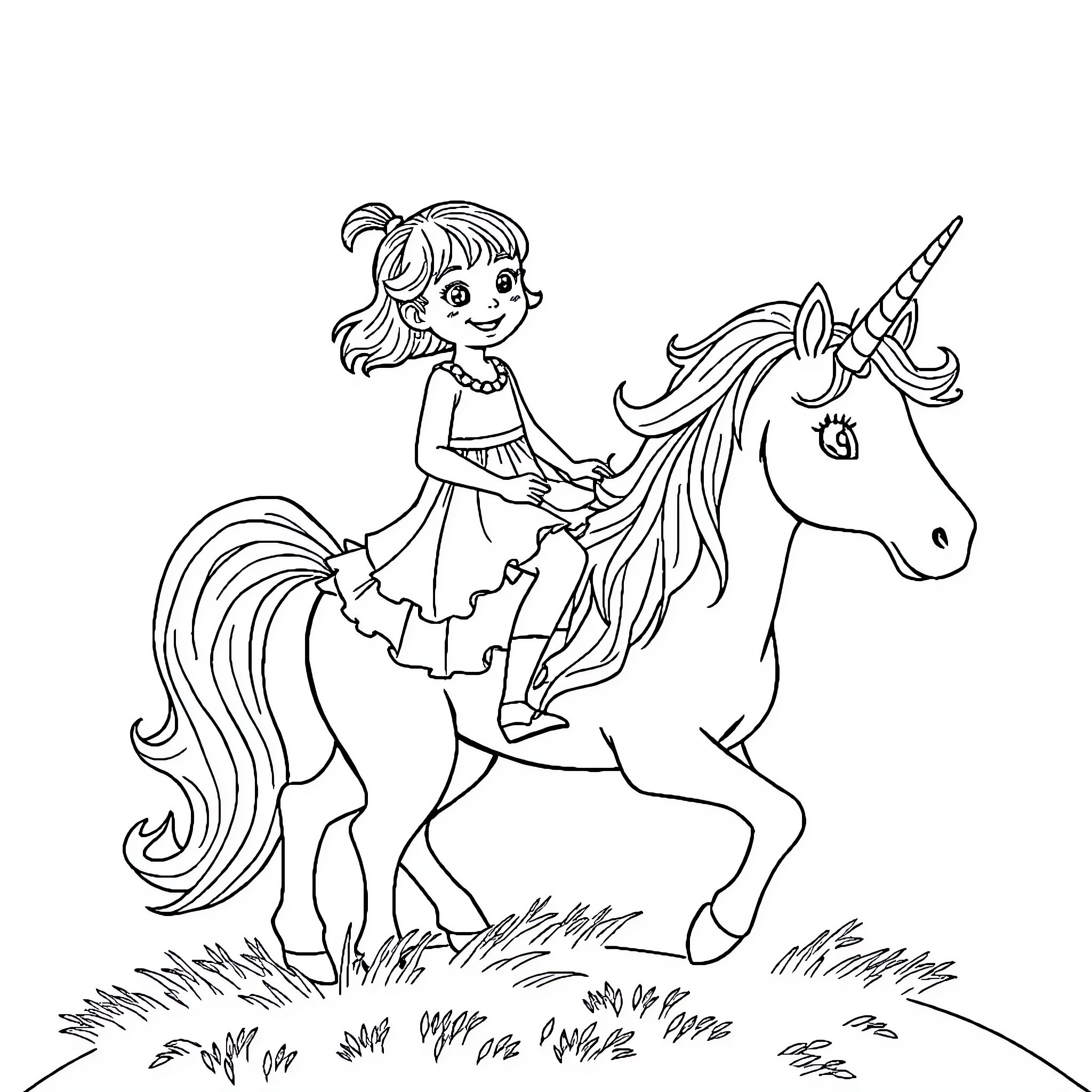 Girl riding a unicorn in a meadow Coloring Page (free black-and-white line drawing printable PDF for all, from beginners to advanced learners, including children, teens, adults, and seniors)