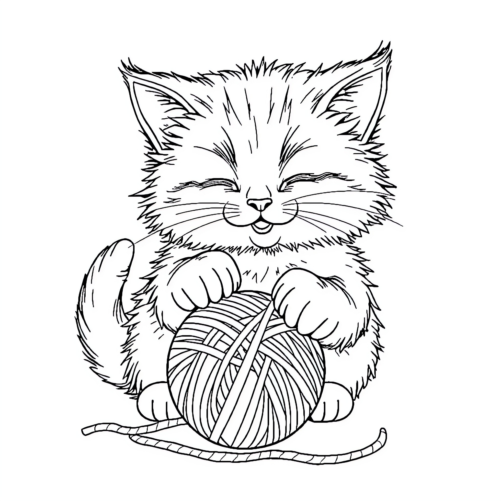 Cat playing with yarn Coloring Page (free black-and-white line drawing printable PDF for all, from beginners to advanced learners, including children, teens, adults, and seniors)