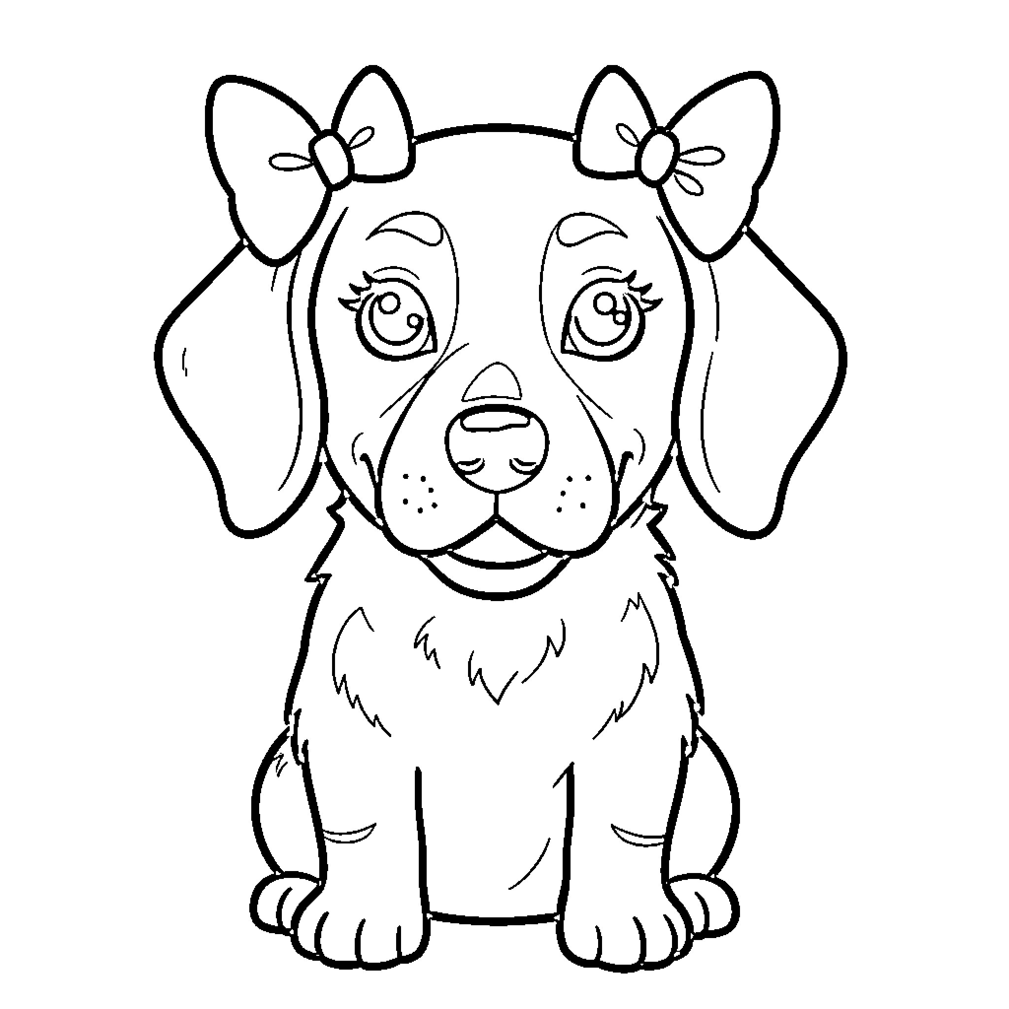 Wiener Dog wearing cute bows and smiling Coloring Page (free black-and-white line drawing printable PDF for all, from beginners to advanced learners, including children, teens, adults, and seniors)