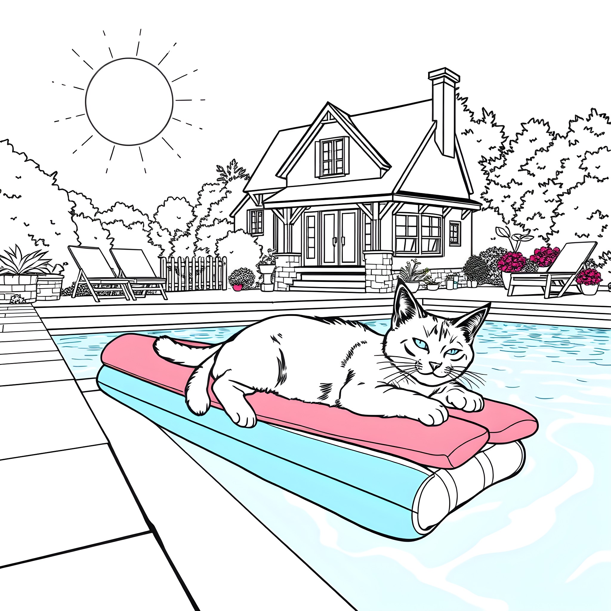 Cat relaxing on a pool float in a sunny backyard Coloring Page (free black-and-white line drawing printable PDF for all, from beginners to advanced learners, including children, teens, adults, and seniors)