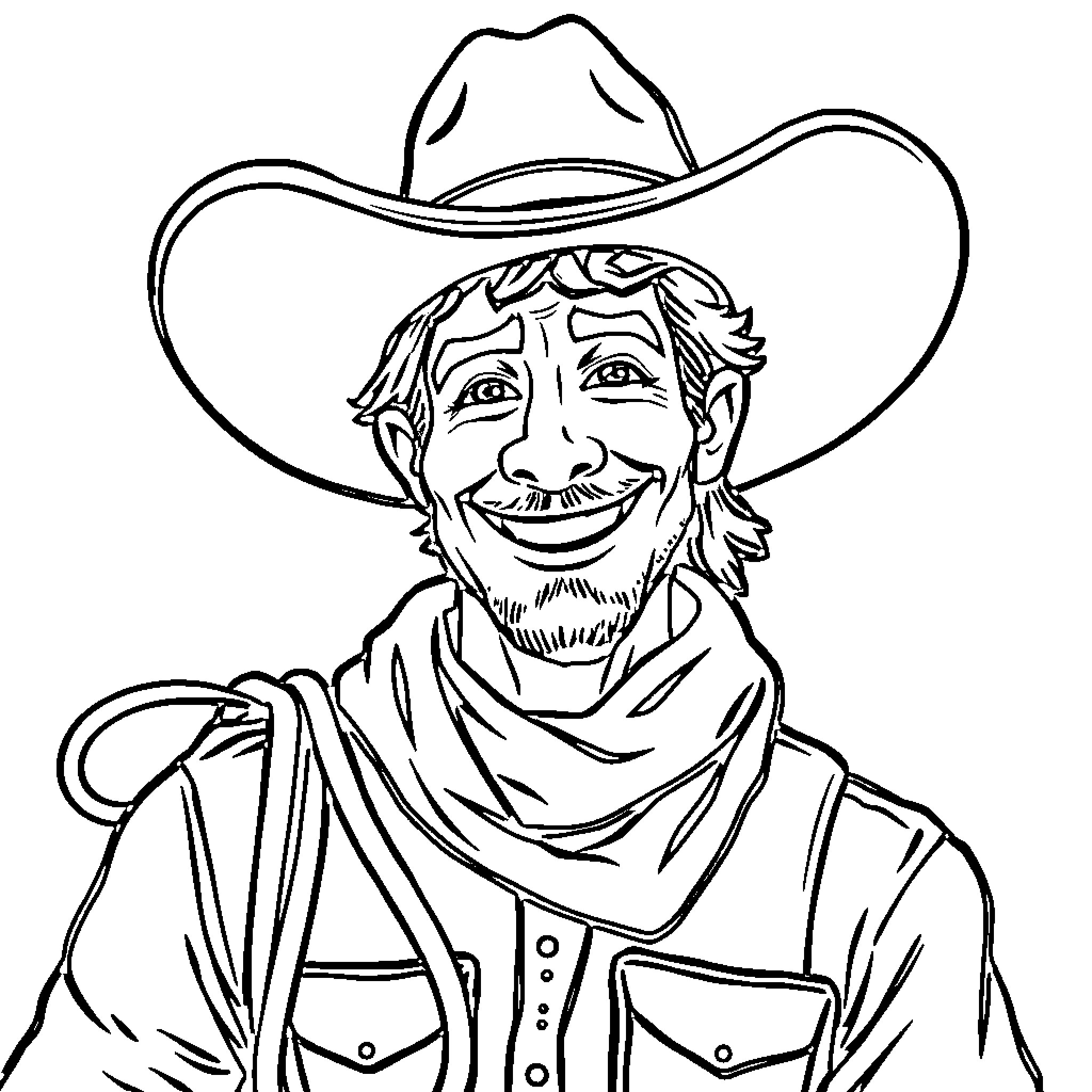 Cowboy with cheerful expression and western attire Coloring Page (free black-and-white line drawing printable PDF for all, from beginners to advanced learners, including children, teens, adults, and seniors)