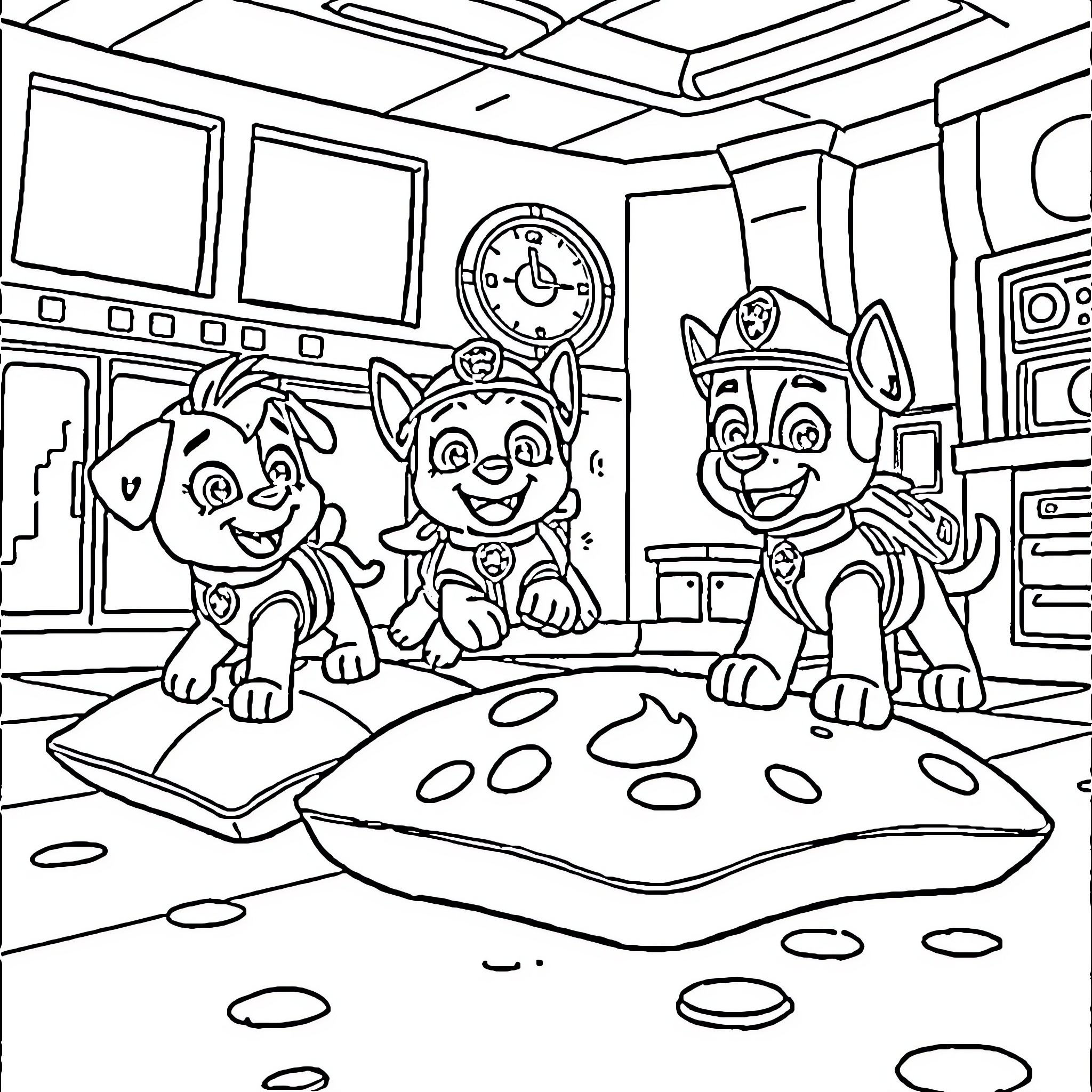 Paw Patrol characters in their headquarters Coloring Page (free black-and-white line drawing printable PDF for all, from beginners to advanced learners, including children, teens, adults, and seniors)